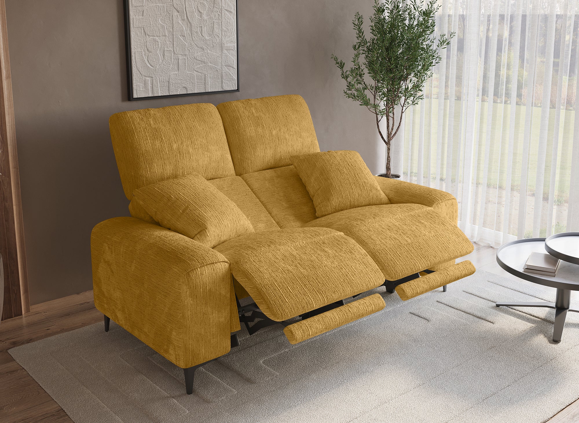 Elektrisches 2-Sitzer-Relaxsofa HELOISE aus senfgelb meliertem Samt