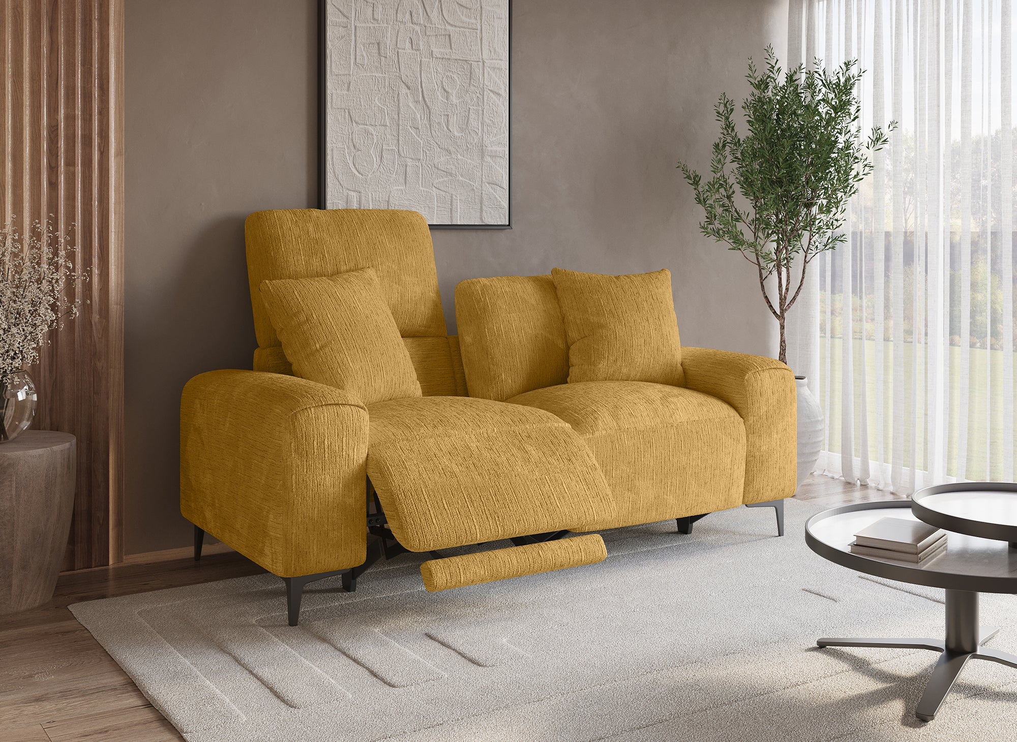 Elektrisches 2-Sitzer-Relaxsofa HELOISE aus senfgelb meliertem Samt