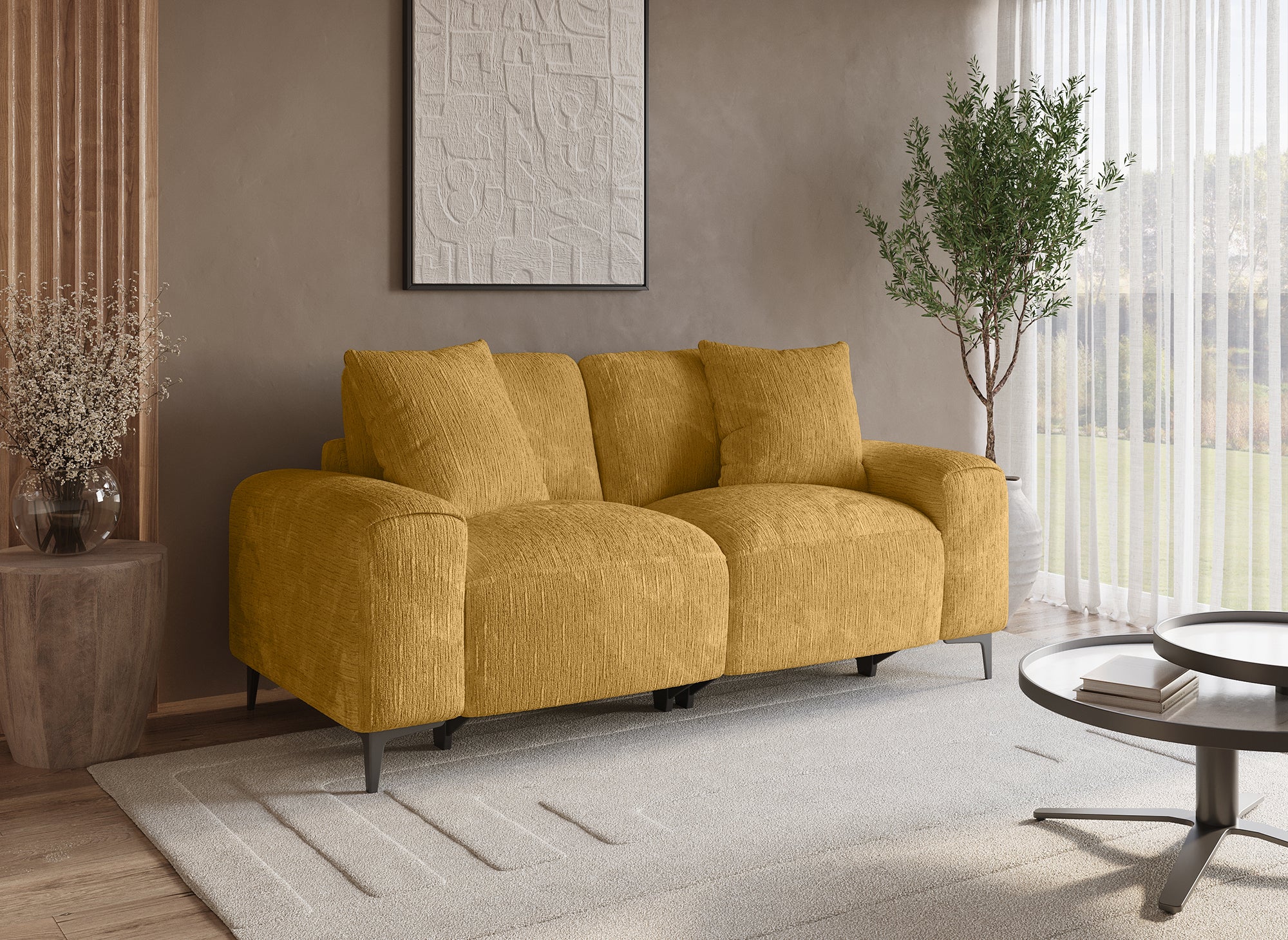 Elektrisches 2-Sitzer-Relaxsofa HELOISE aus senfgelb meliertem Samt