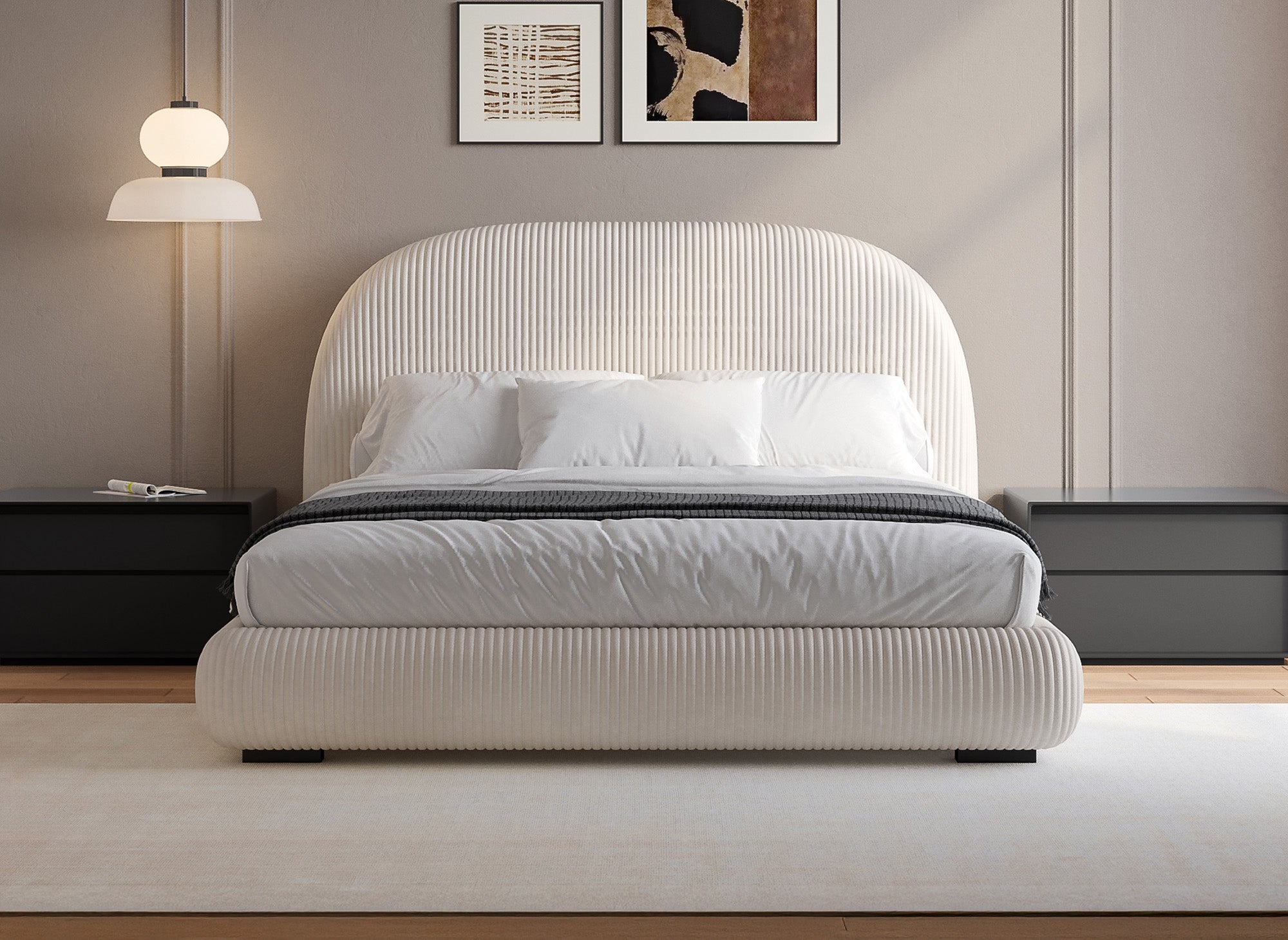 Doppelbett aus dickem, beigem Cord 180x200cm COSY