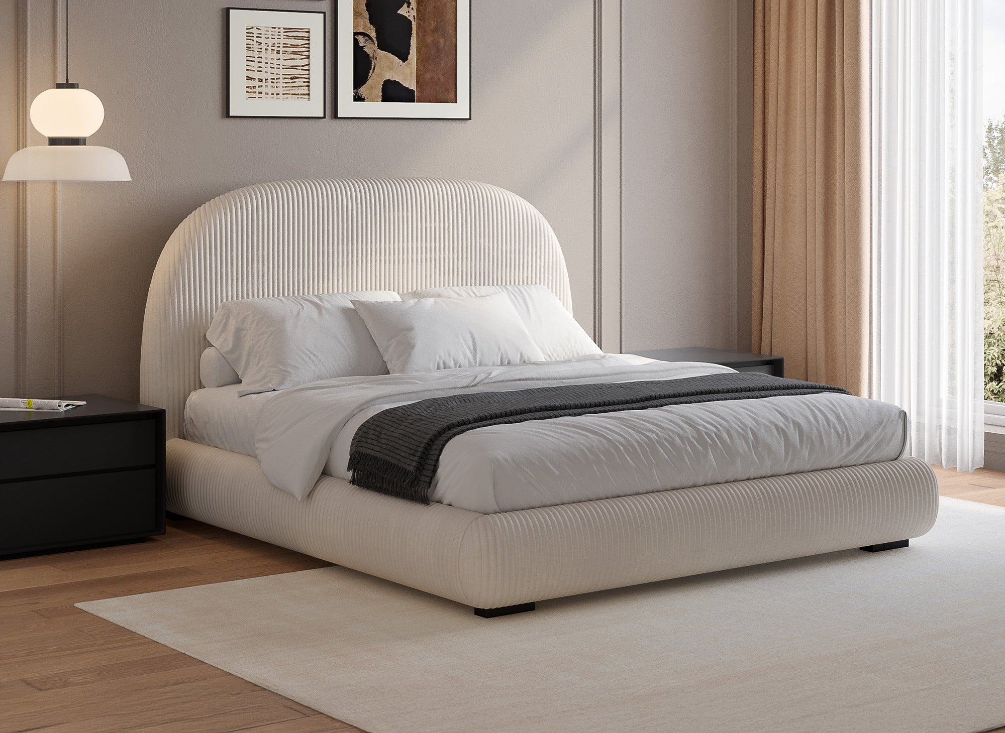 Doppelbett aus dickem, beigem Cord 180x200cm COSY
