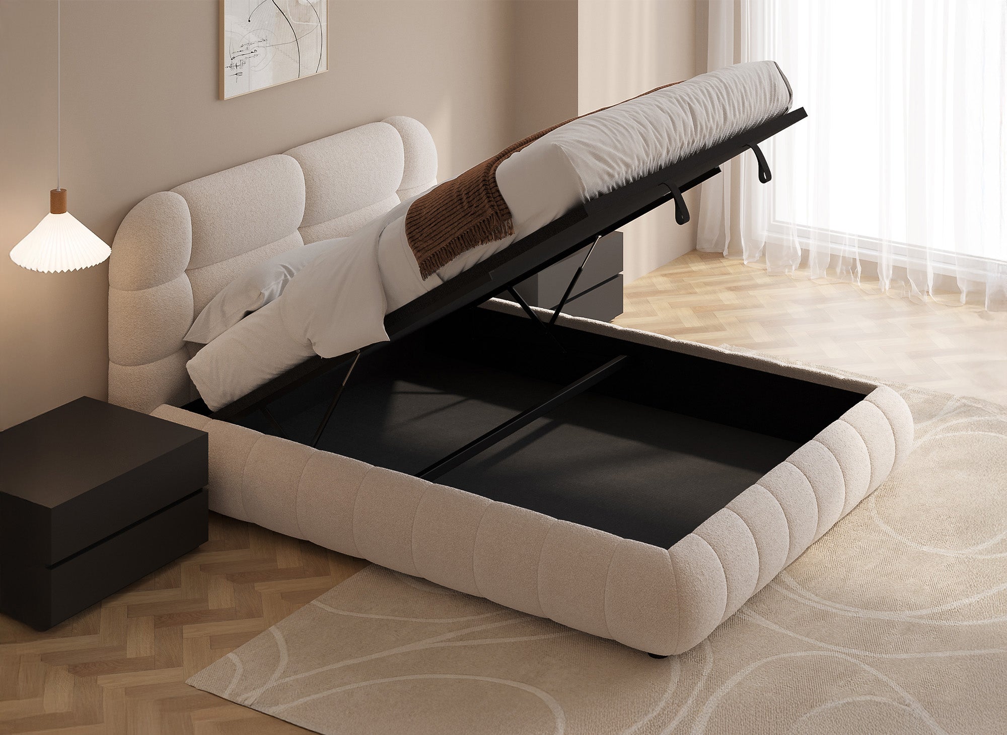 YOURI Bett mit Stauraum aus Frottee, ecru, 140 x 190 cm