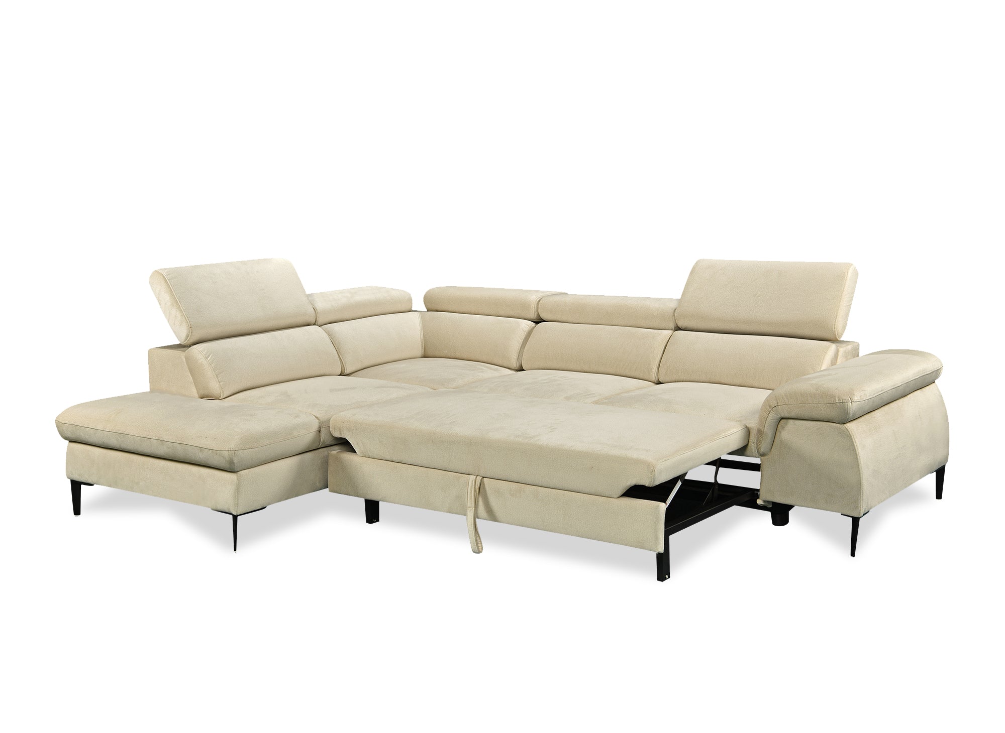 SWAN Ecksofa aus beigefarbenem Samt mit Aufbewahrungsbox – linke Ecke