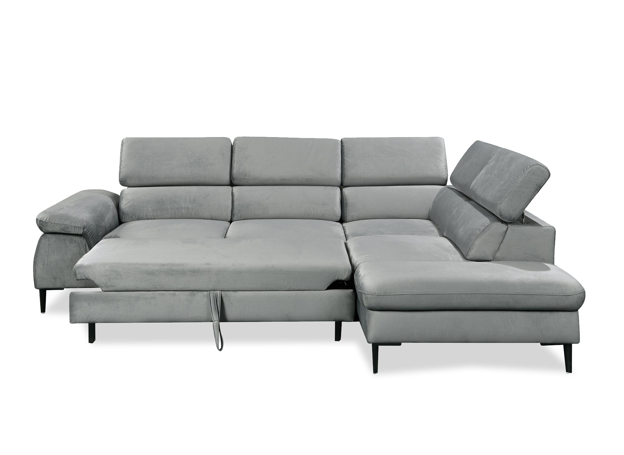 Umwandelbares Ecksofa aus grauem Samt mit Aufbewahrungsbox – rechtwinklig