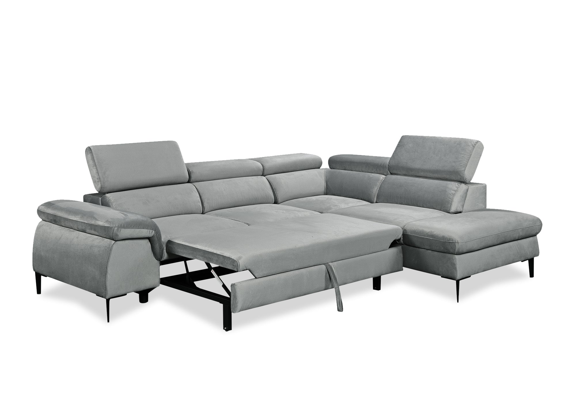 Umwandelbares Ecksofa aus grauem Samt mit Aufbewahrungsbox – rechtwinklig