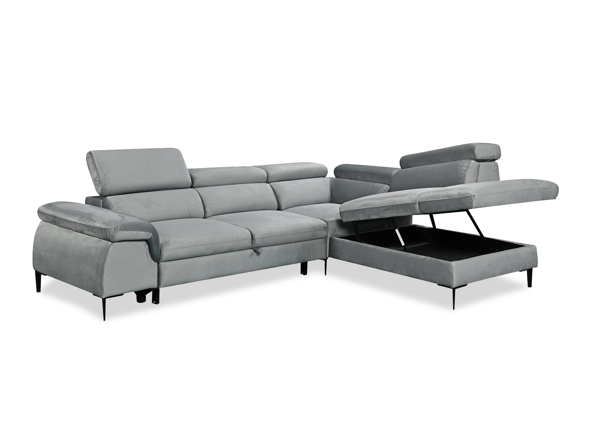 Umwandelbares Ecksofa aus grauem Samt mit Aufbewahrungsbox – rechtwinklig