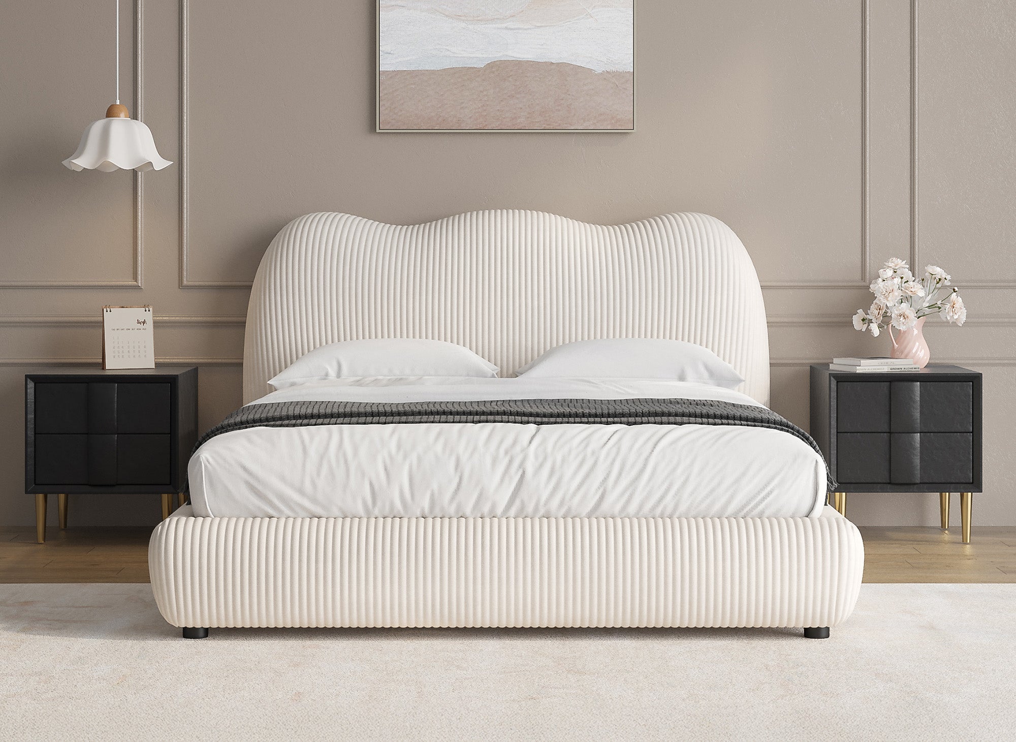 SARA Doppelbett aus dickem, beigefarbenem Cord 140x190cm