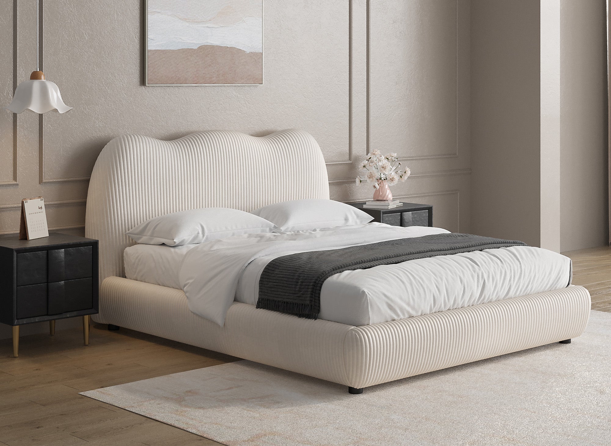 SARA Doppelbett aus dickem, beigefarbenem Cord 140x190cm