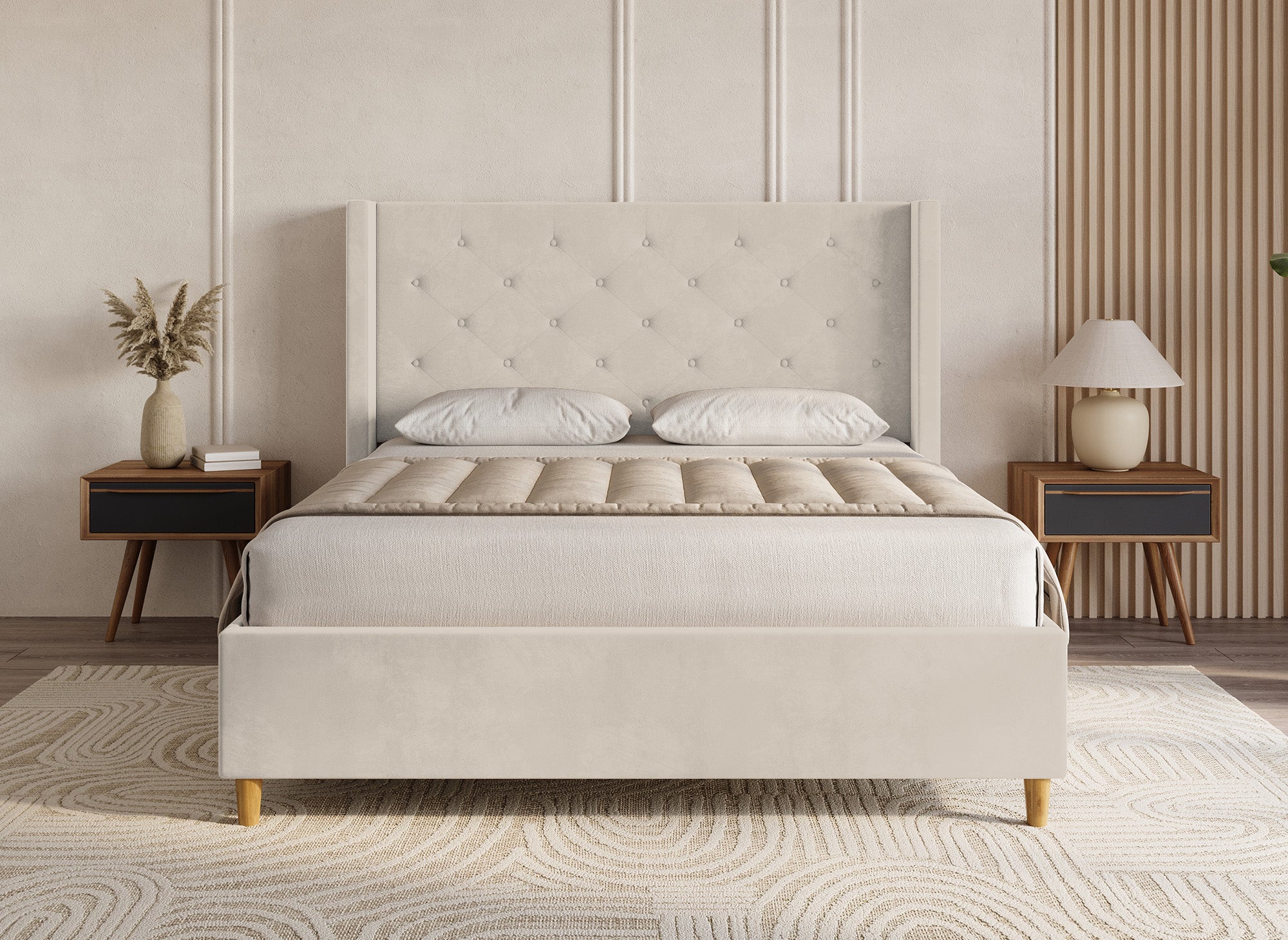 Doppelbett mit beigefarbenem Samtbezug MAREVA 180x200 cm