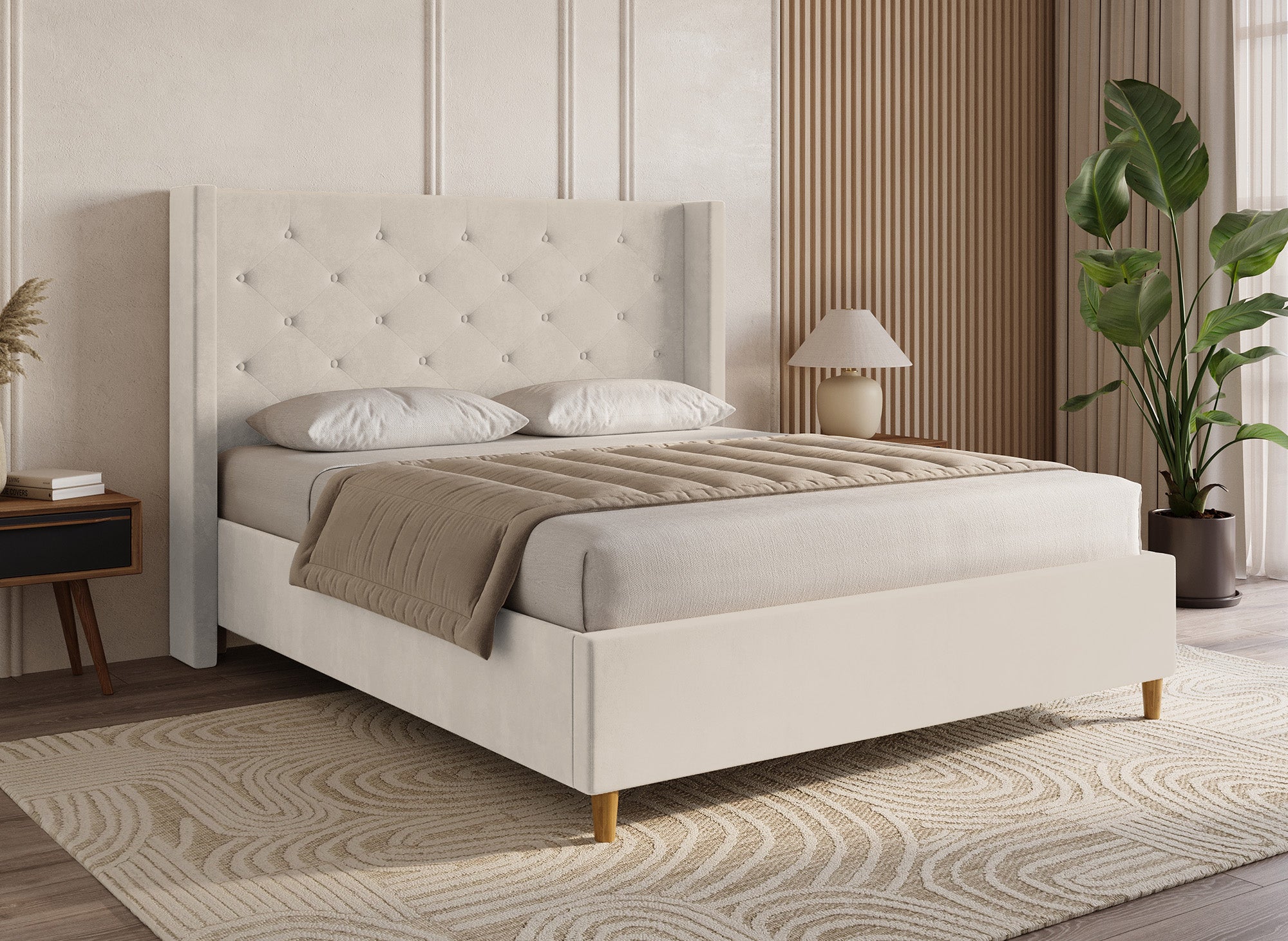 Doppelbett mit beigefarbenem Samtbezug MAREVA 180x200 cm