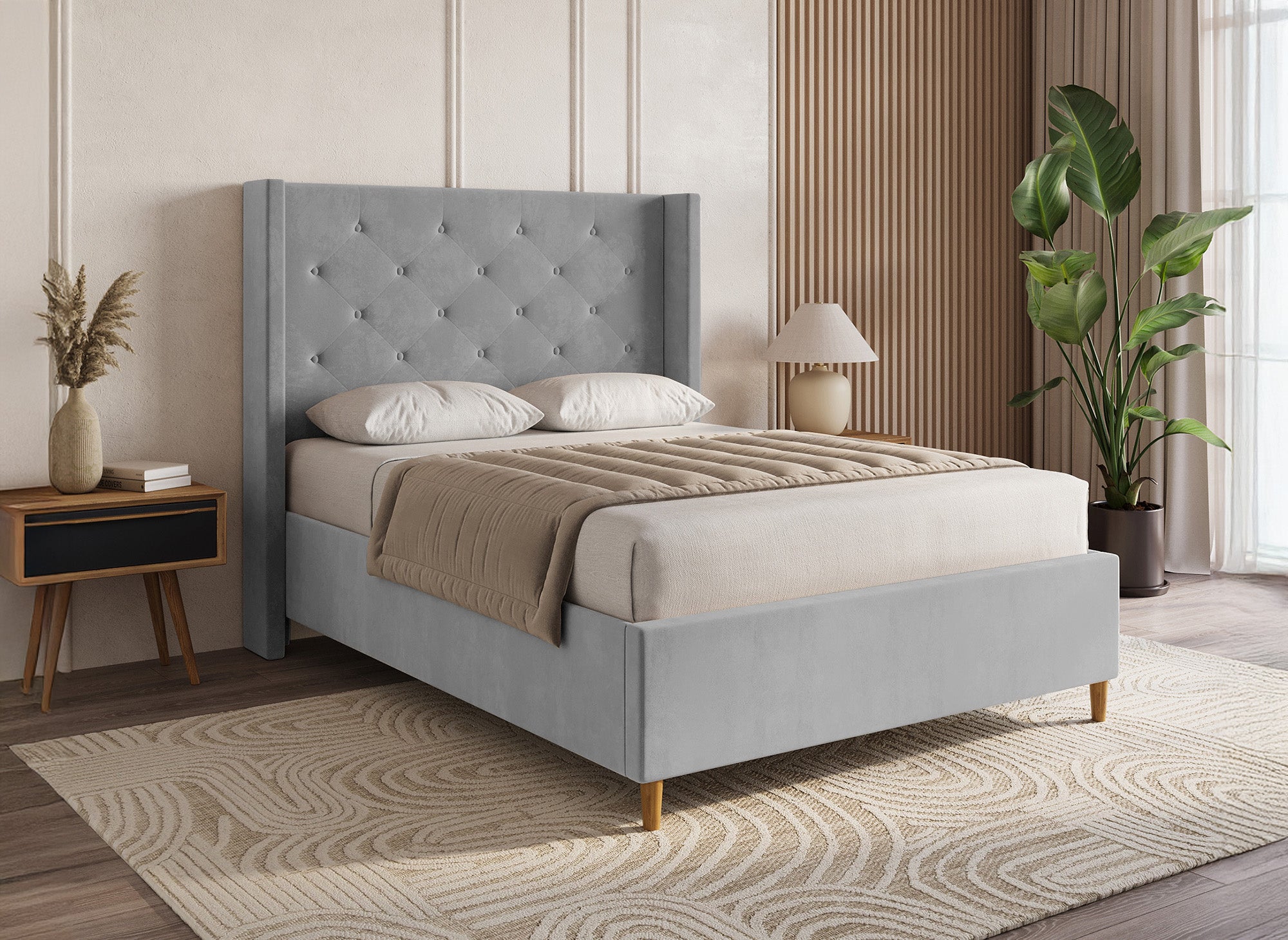 MAREVA Doppelbett aus getuftetem Samt, grau, 140 x 190 cm