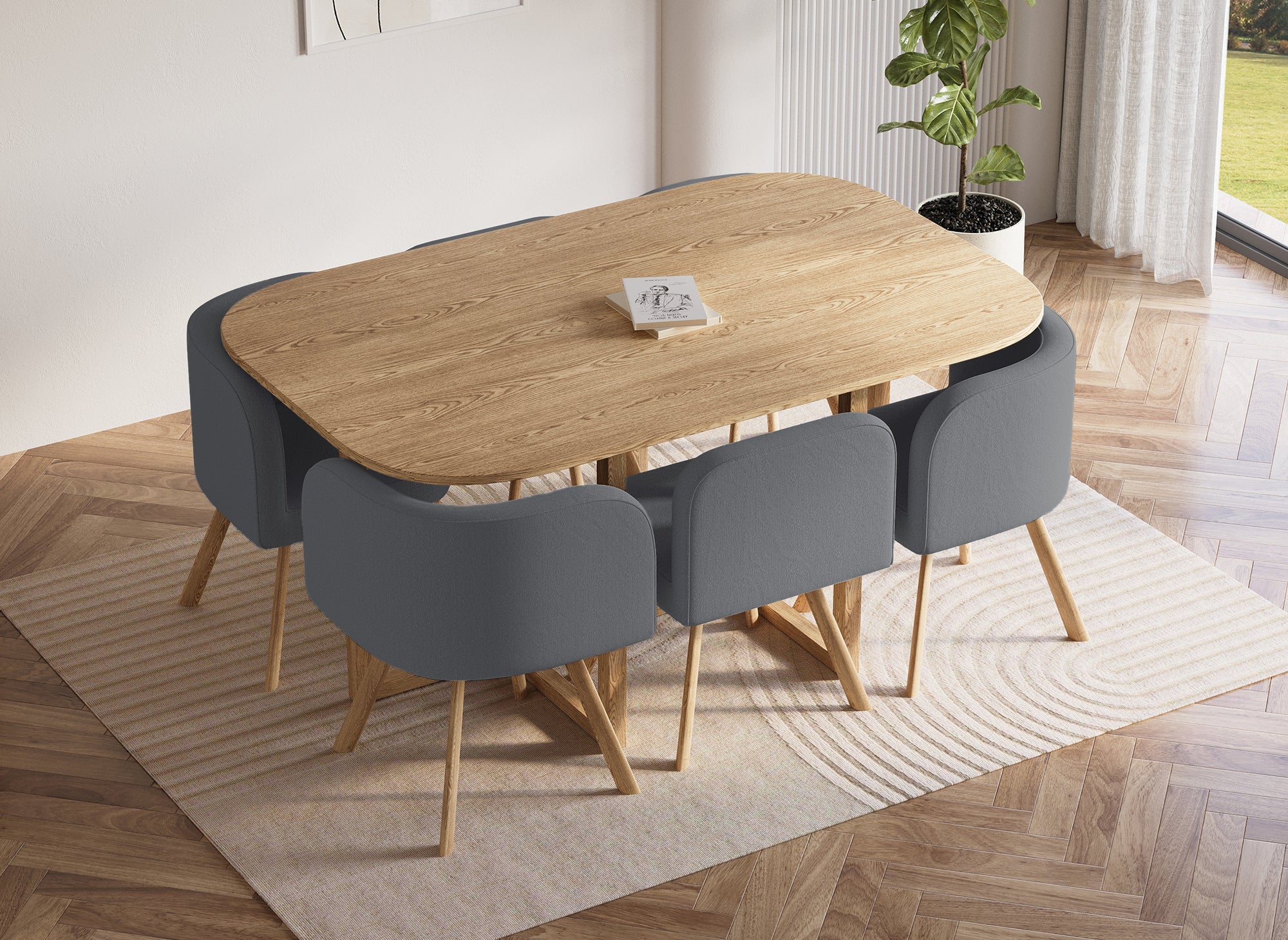 FLEN XL graues stapelbares Tisch- und 6-Stühle-Set