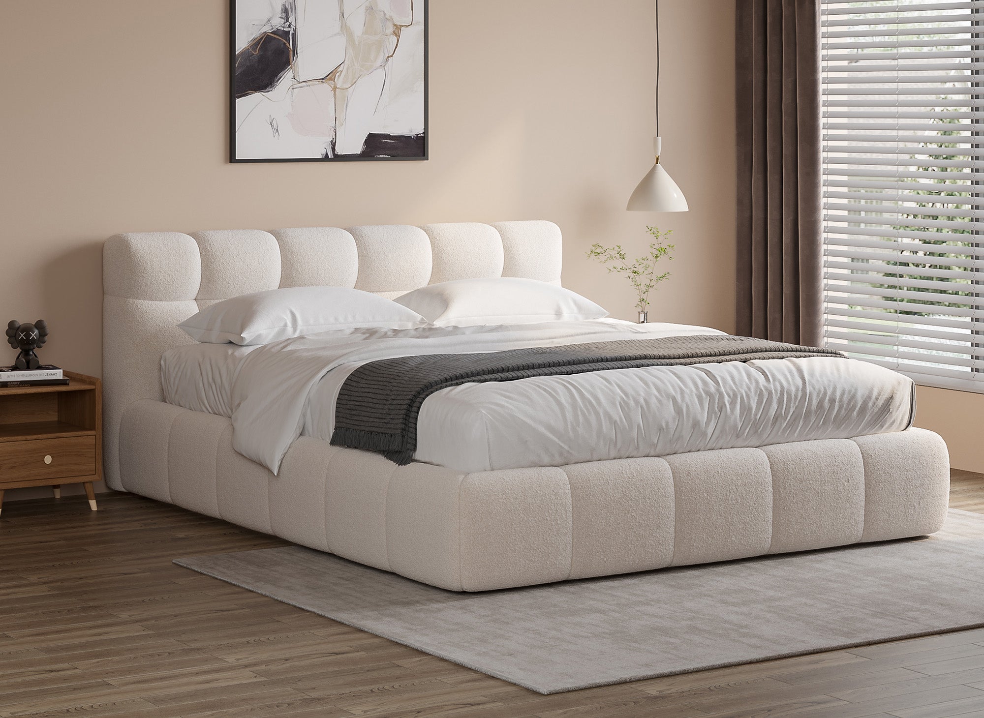 Doppelbett aus ecrufarbenem Bouclé-Stoff 180x200 cm GEORGINA