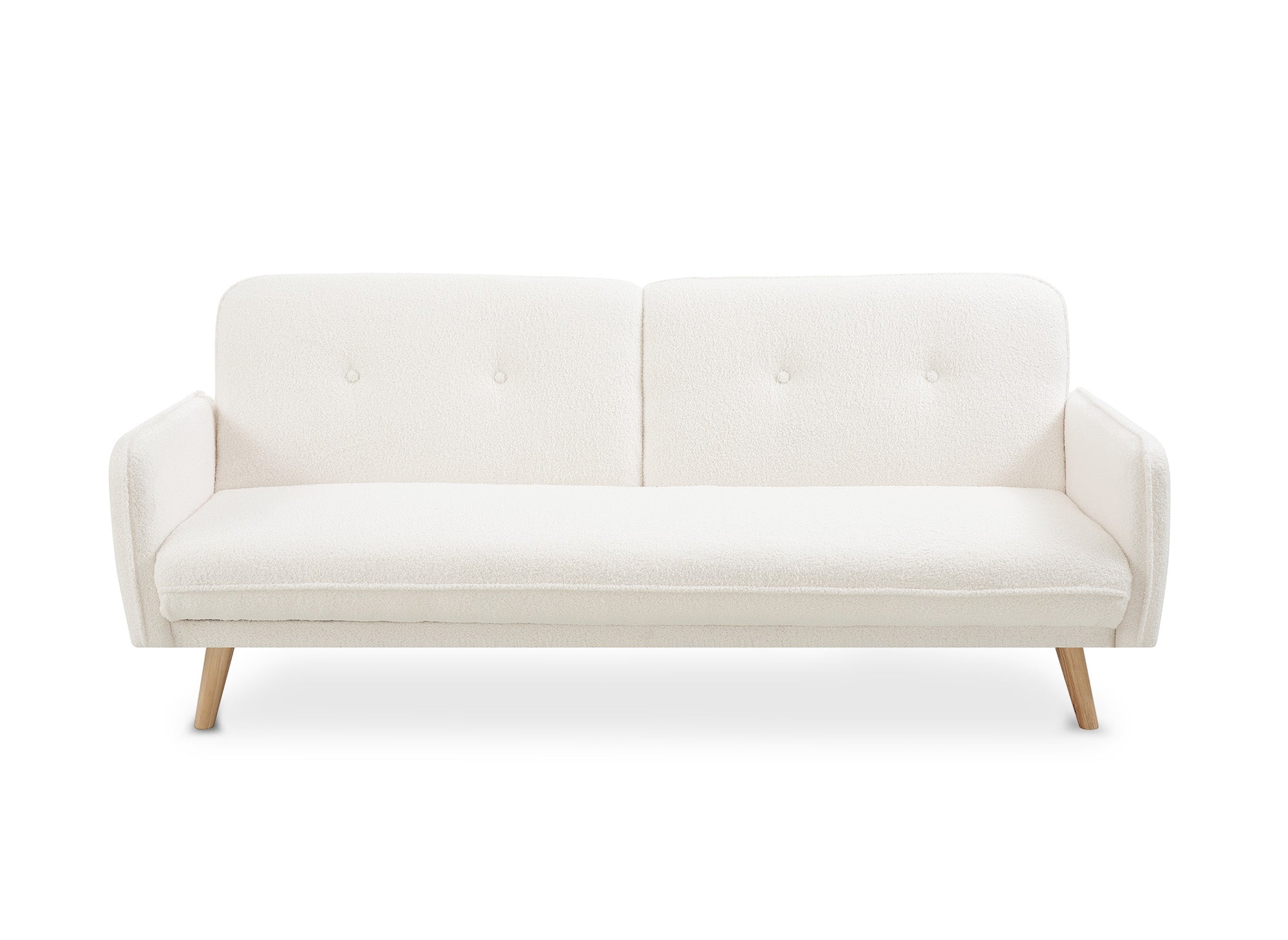 NATAL Schlafsofa aus ecru-weißem Bouclé-Stoff mit Holzbeinen