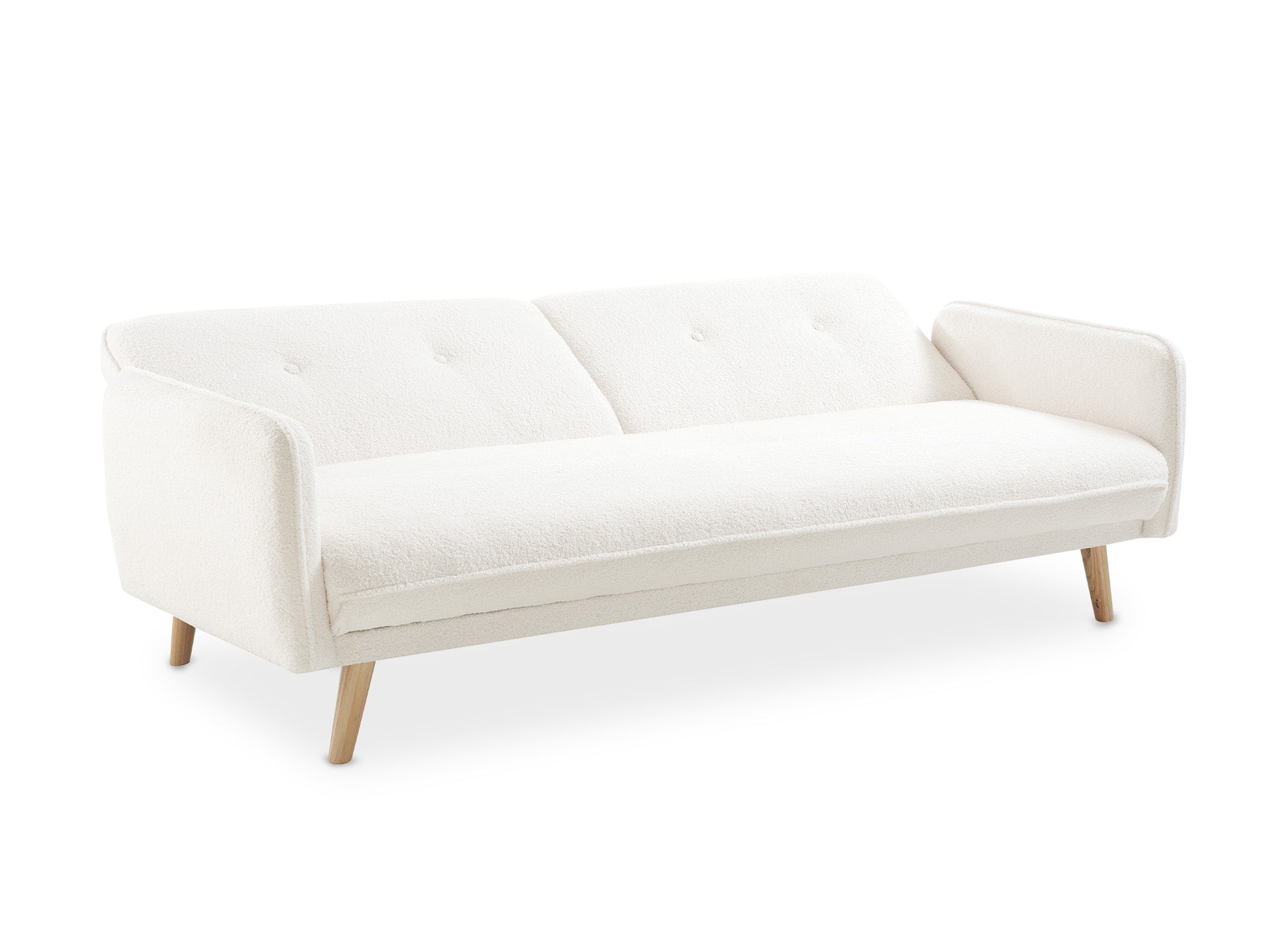 NATAL Schlafsofa aus ecru-weißem Bouclé-Stoff mit Holzbeinen