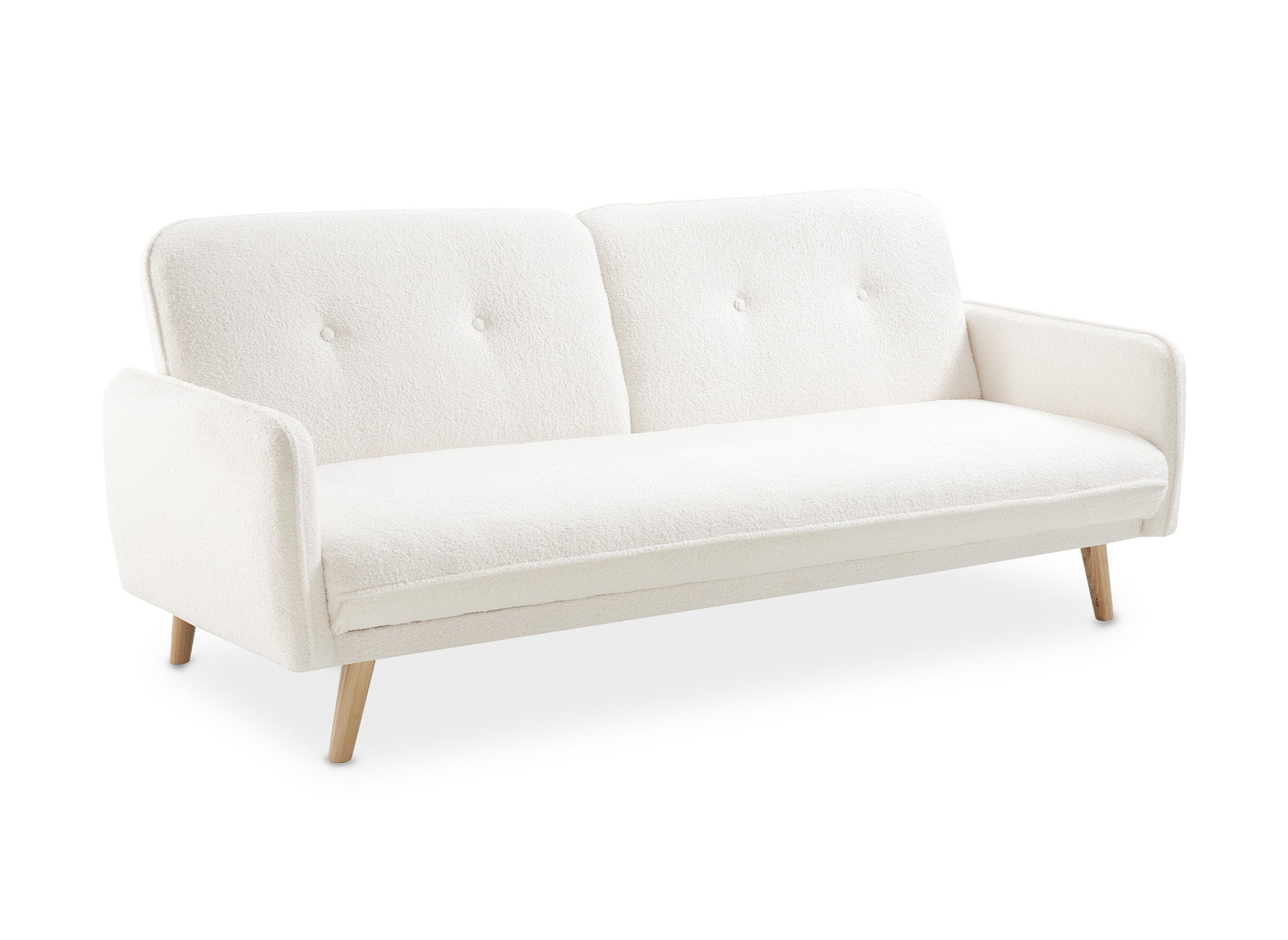 NATAL Schlafsofa aus ecru-weißem Bouclé-Stoff mit Holzbeinen