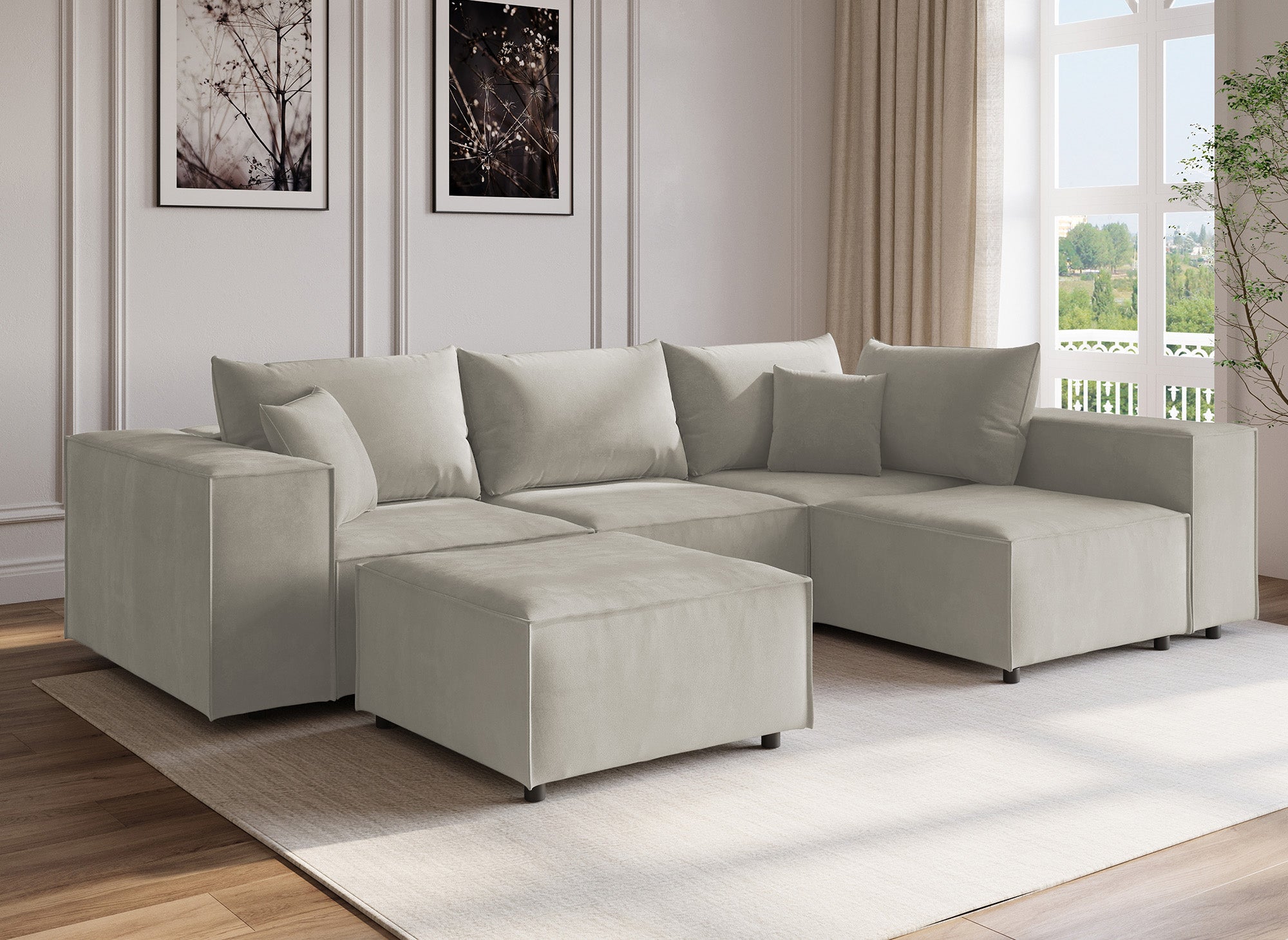 Modulares Ecksofa HARLEM XL mit 1 taupefarbenem Samt-Pouf