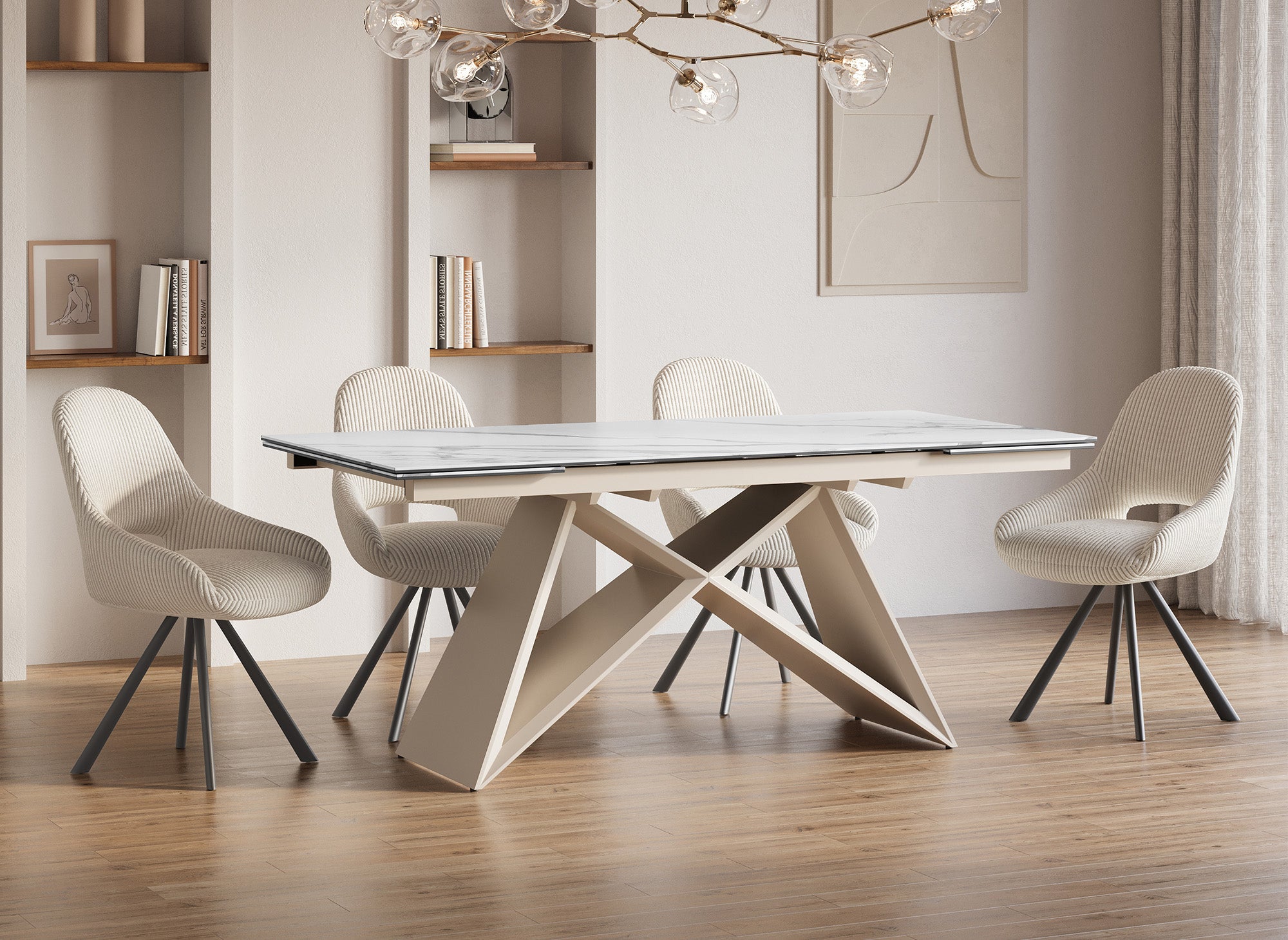 Ausziehbarer Esstisch GABRIEL aus weißer Keramik mit Marmoreffekt