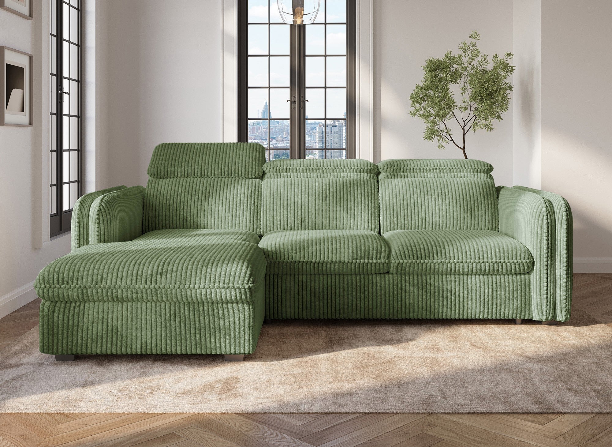 ISABELLA Ecksofa aus dickem hellgrünem Cord – Linke Ecke