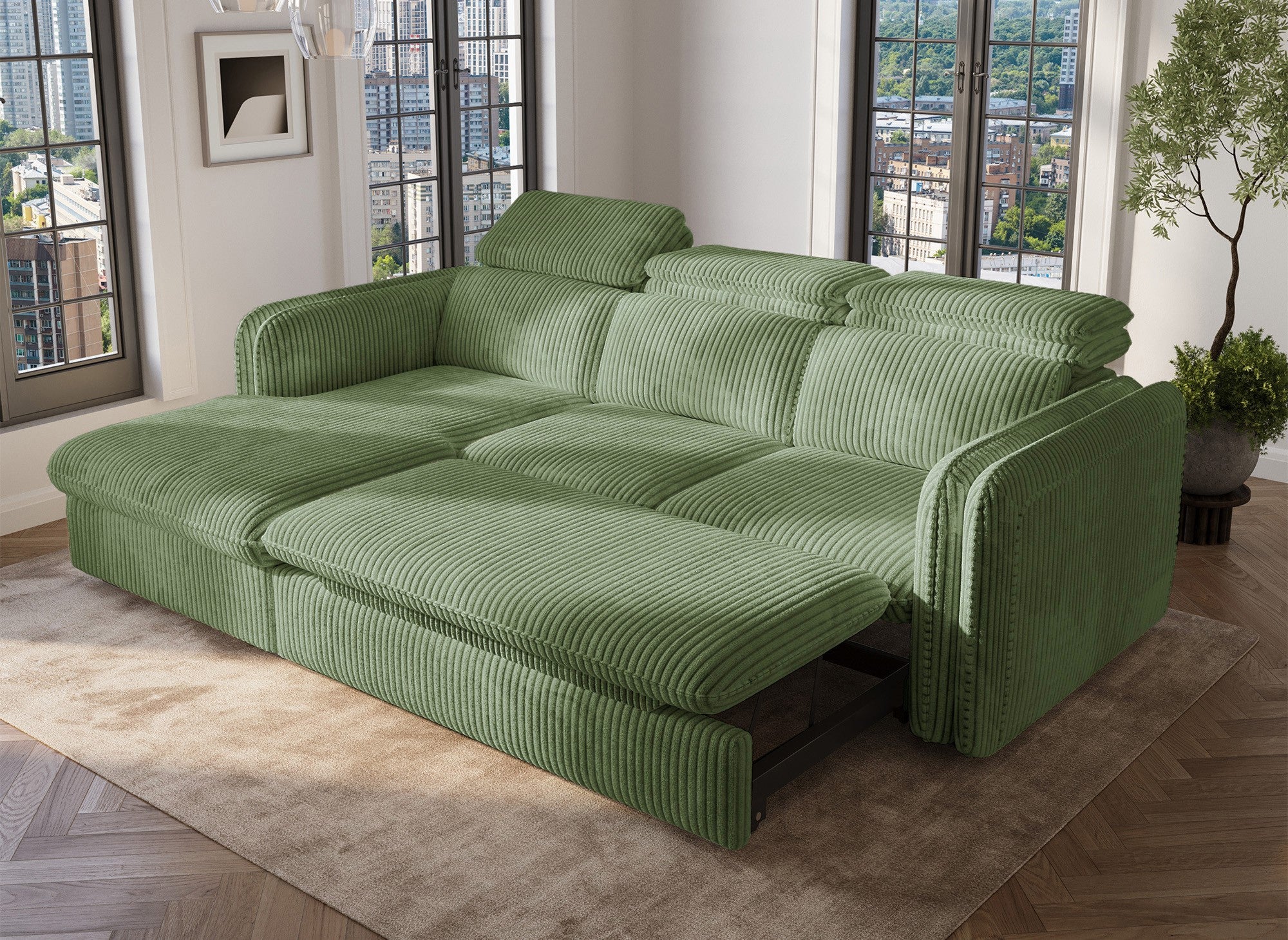ISABELLA Ecksofa aus dickem hellgrünem Cord – Linke Ecke