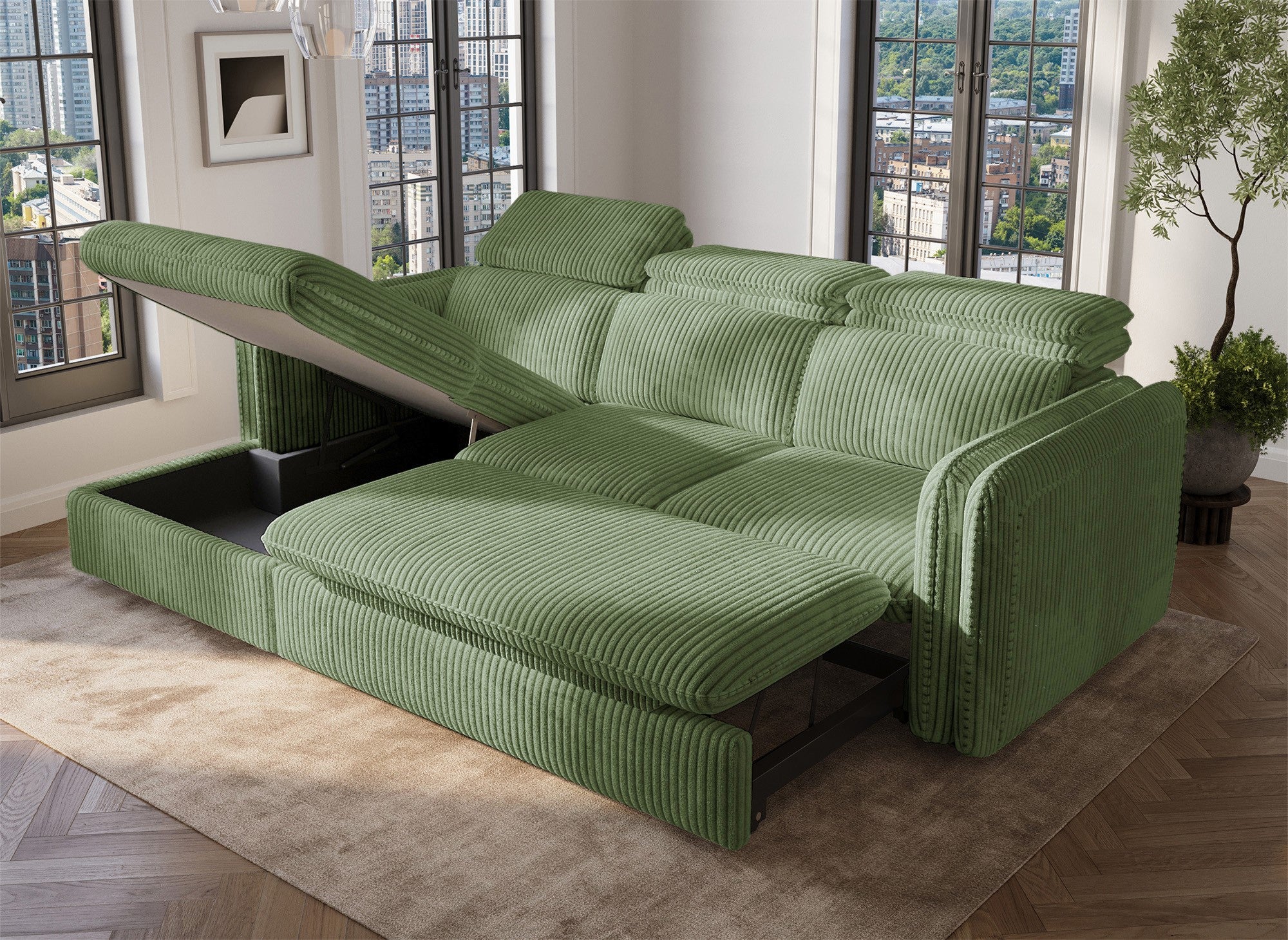ISABELLA Ecksofa aus dickem hellgrünem Cord – Linke Ecke