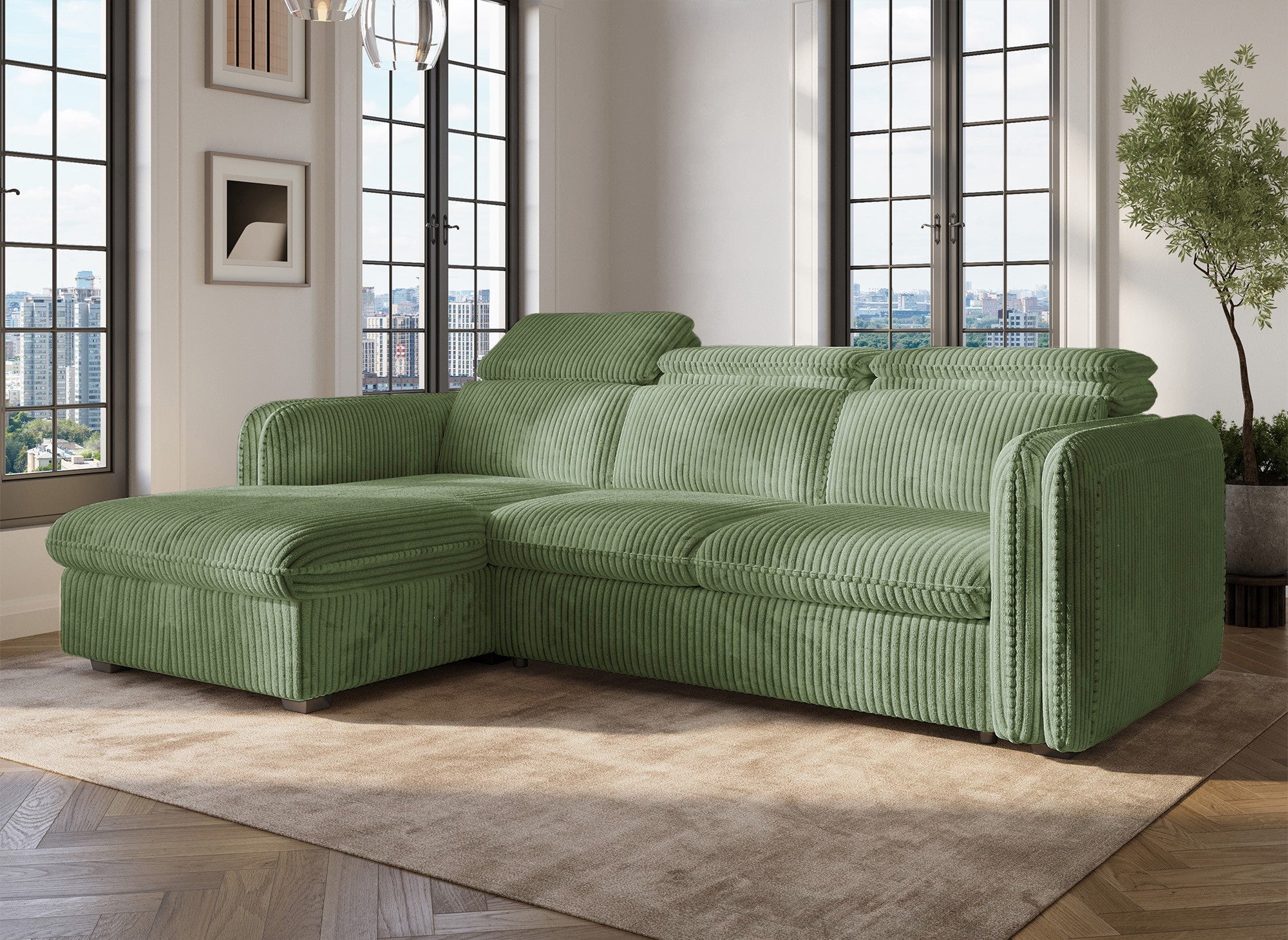 ISABELLA Ecksofa aus dickem hellgrünem Cord – Linke Ecke