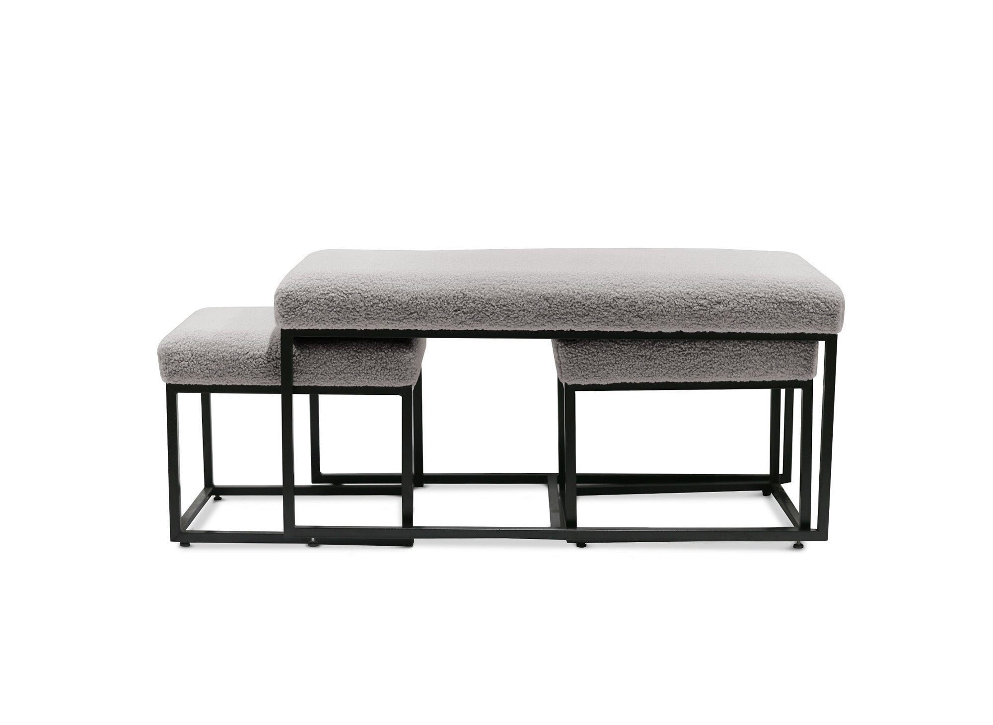 BECKIE Bank mit Poufs aus grauem Bouclé-Stoff und schwarzen Metallbeinen
