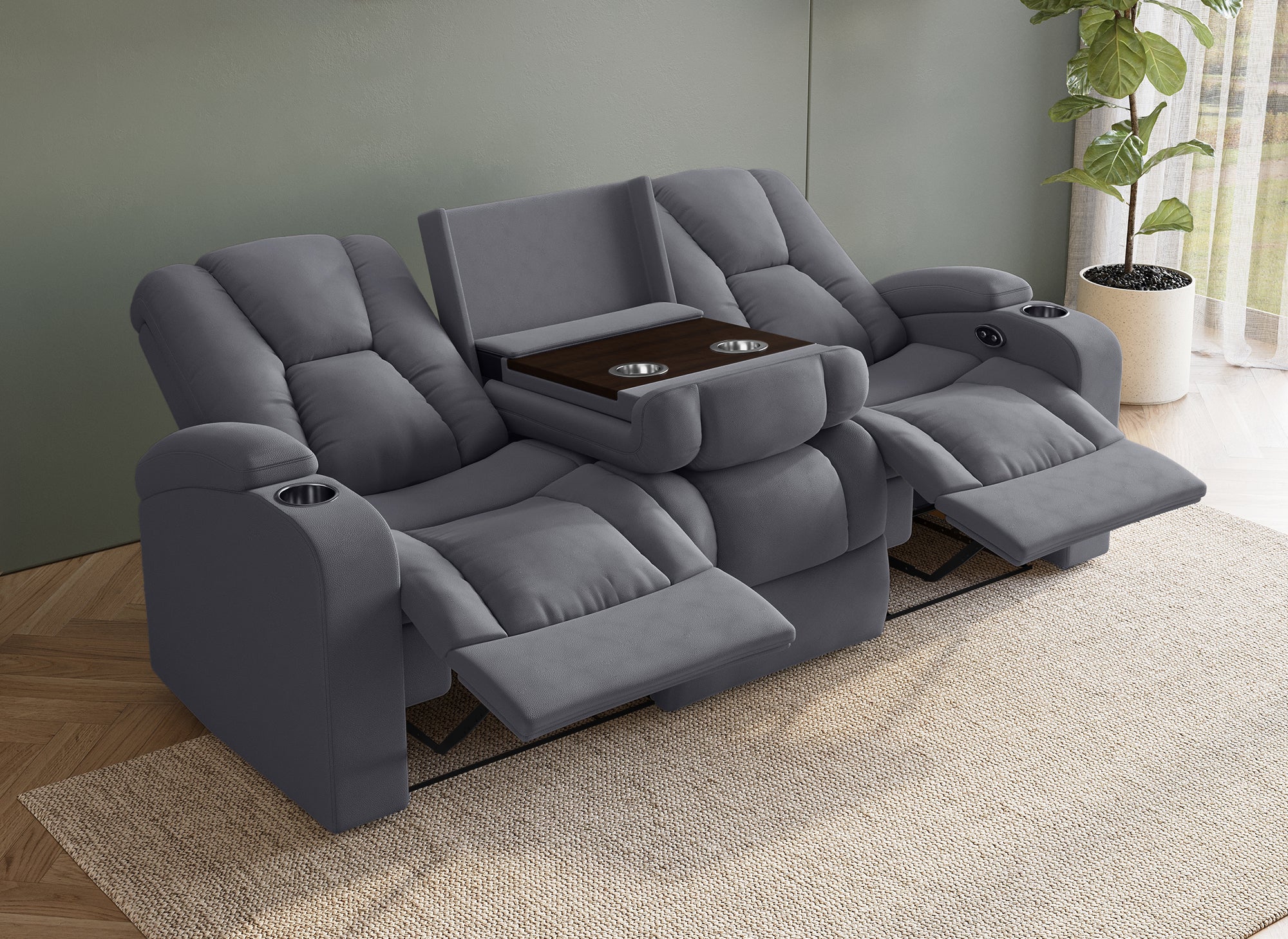 EL CLARENCE 3-Sitzer elektrisches Relaxsofa aus grauem Mikrofaserstoff