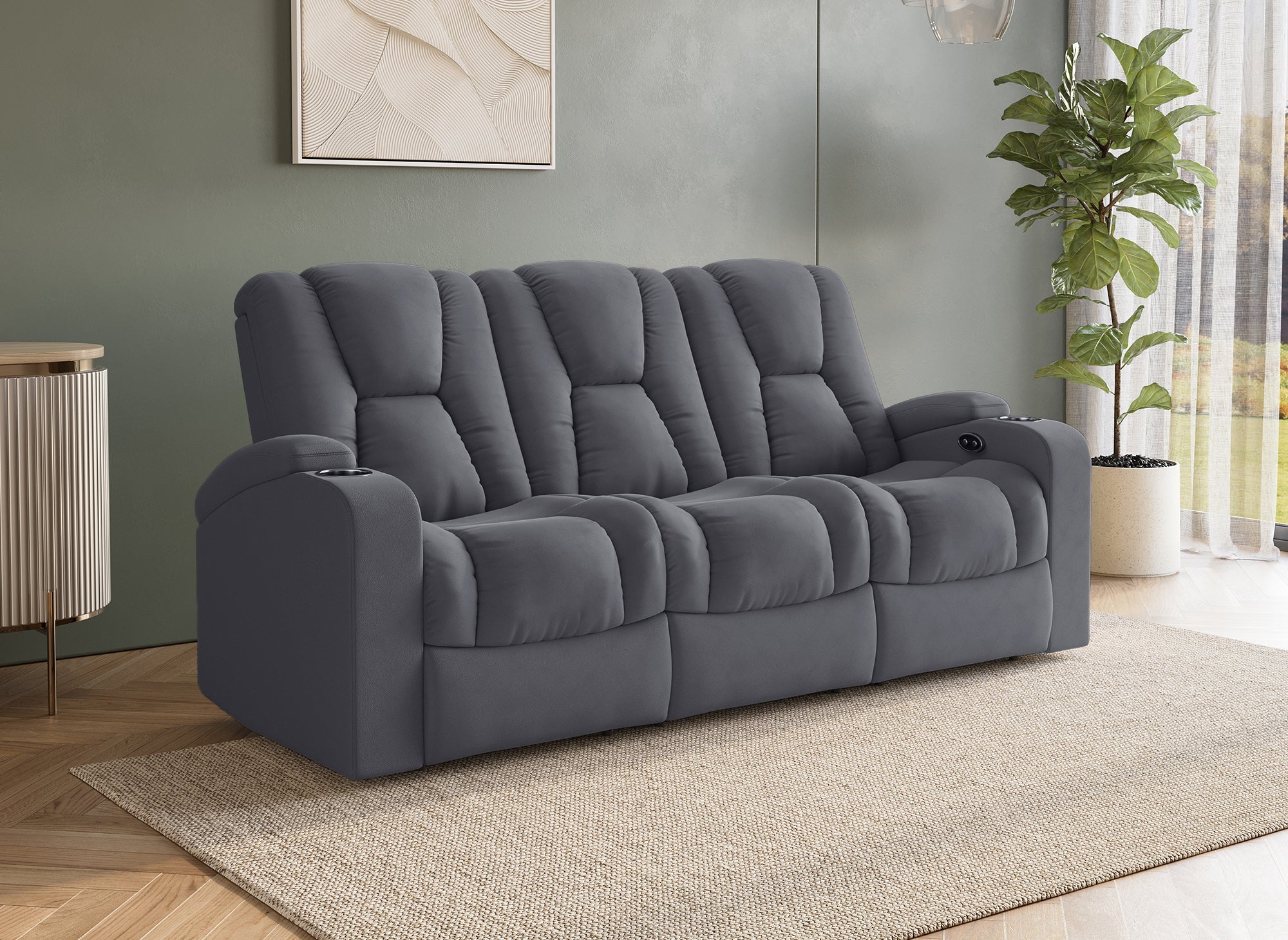 EL CLARENCE 3-Sitzer elektrisches Relaxsofa aus grauem Mikrofaserstoff