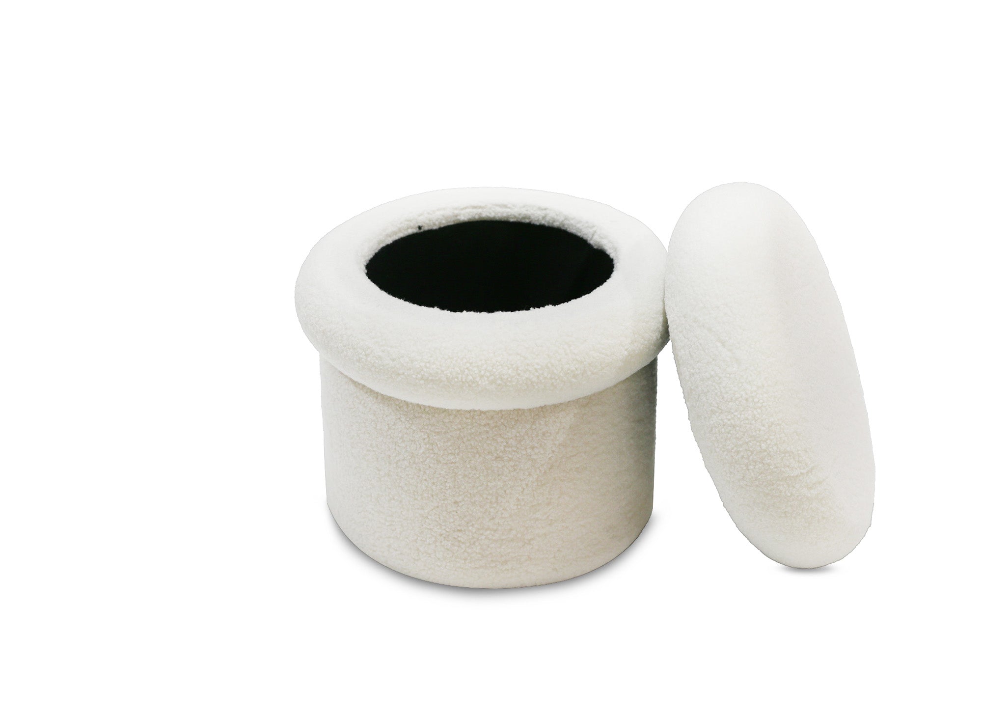 Aufbewahrungshocker SHERA aus ecrufarbenem Bouclé-Stoff