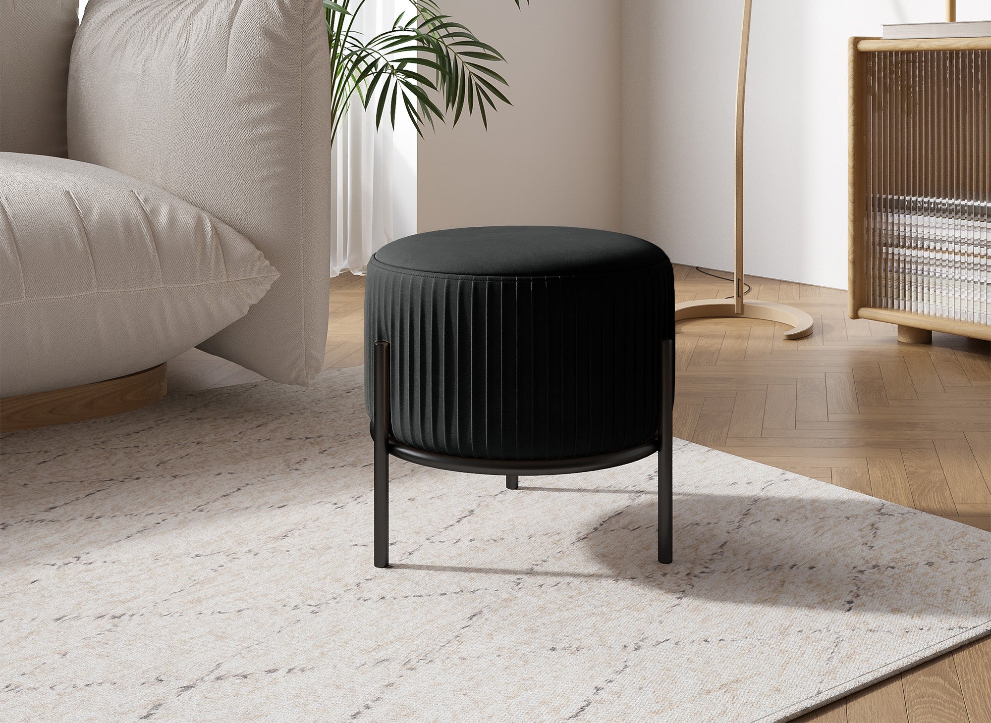 GALY Designer-Pouf aus schwarzem Samt mit schwarzen Metallbeinen