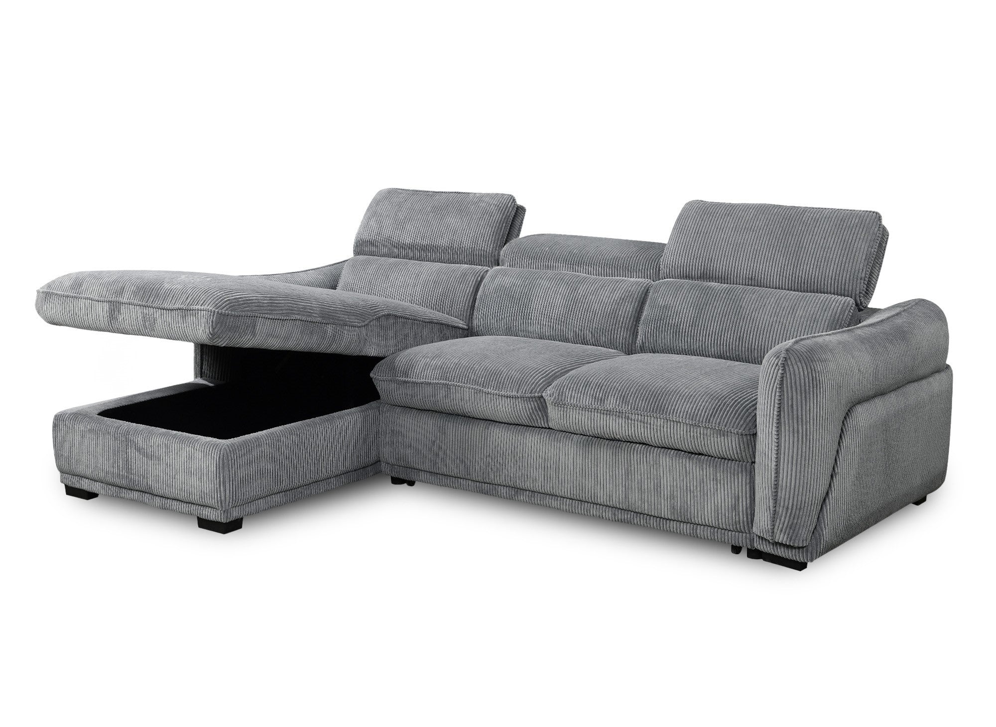 PETUNIA Eckschlafsofa mit Stauraum aus dickem, grauem Cord - linke Ecke