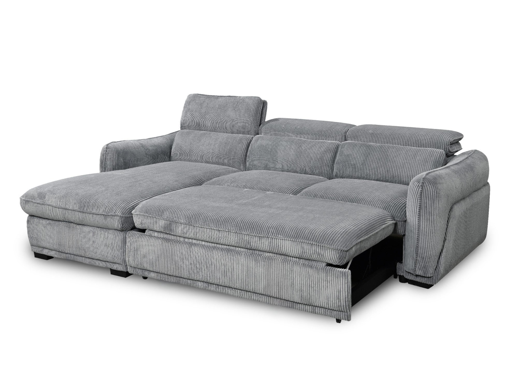 PETUNIA Eckschlafsofa mit Stauraum aus dickem, grauem Cord - linke Ecke