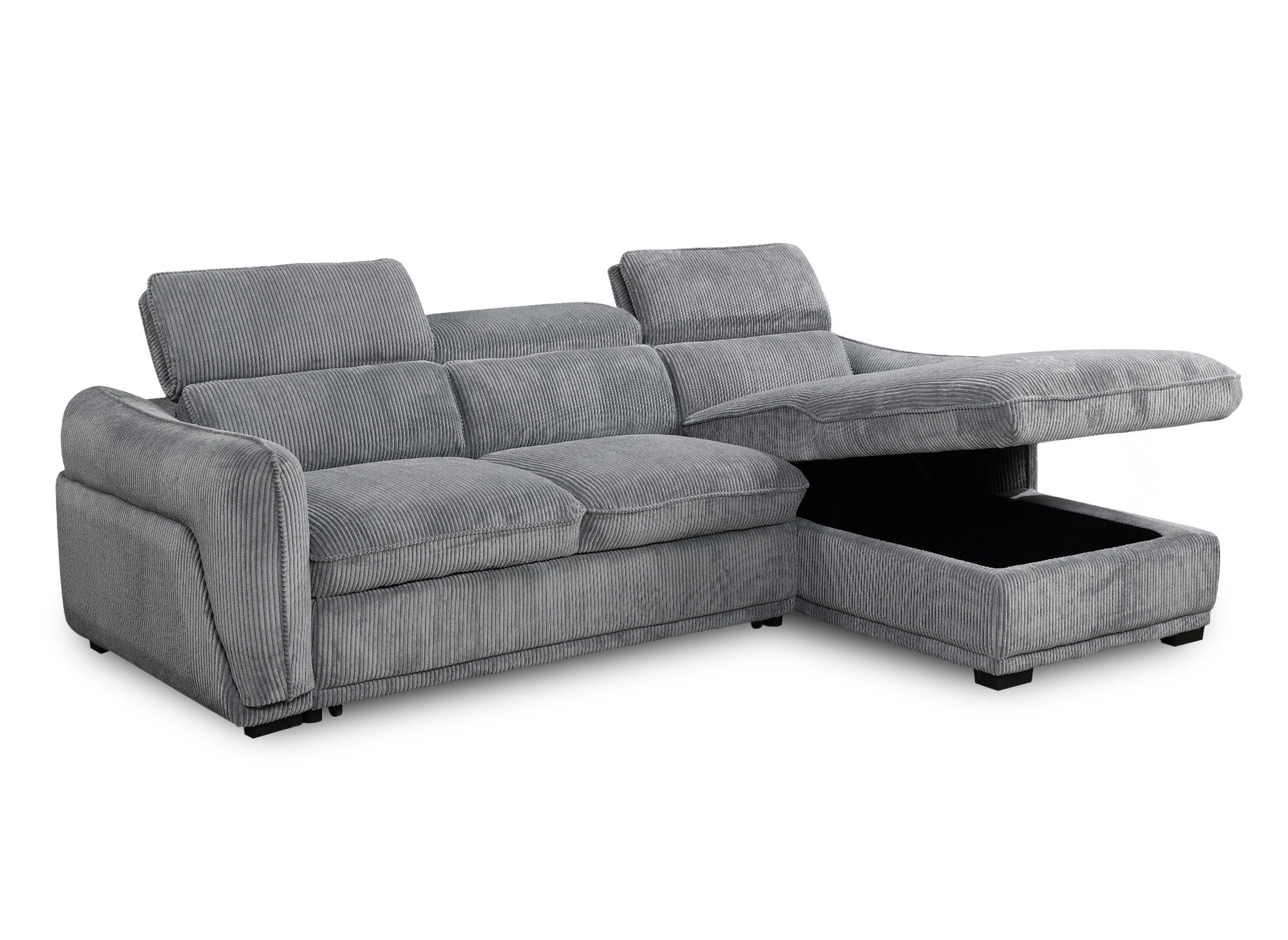 PETUNIA Eckschlafsofa mit Stauraum aus dickem, grauem Cord – rechte Ecke