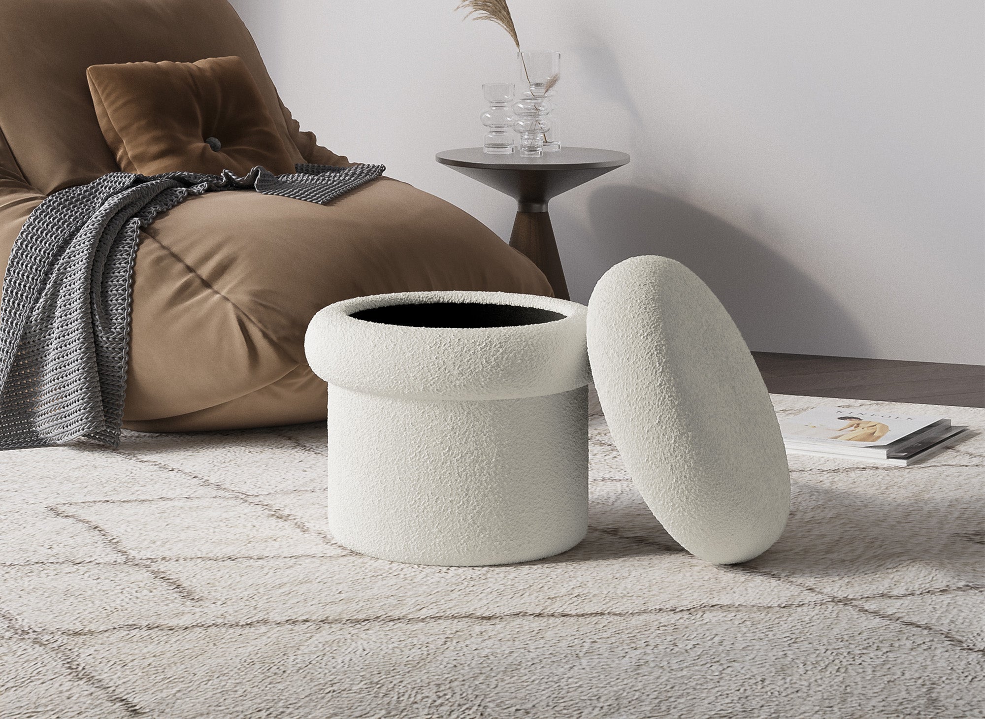 Aufbewahrungshocker SHERA aus ecrufarbenem Bouclé-Stoff