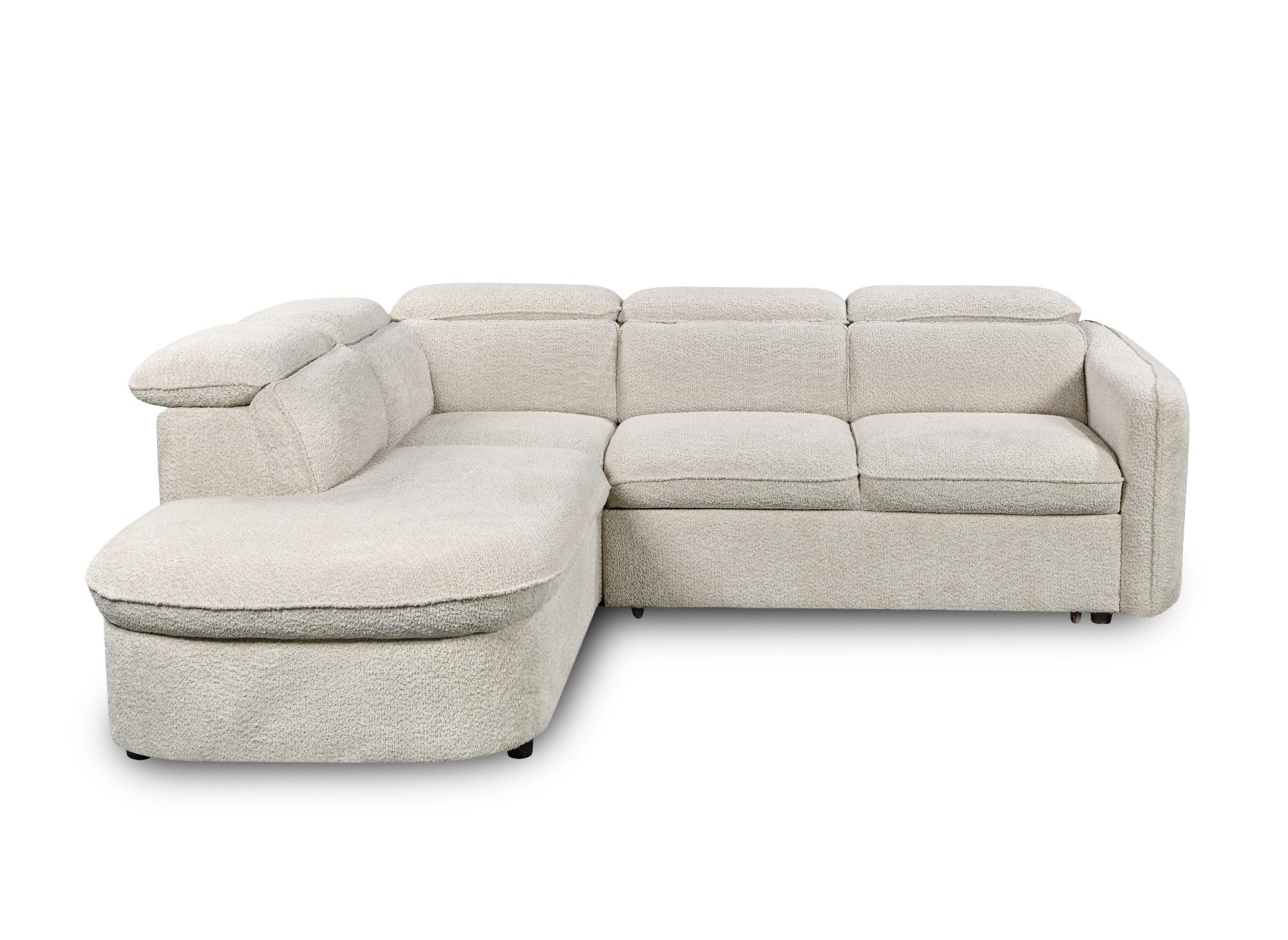 BAYA umwandelbares Ecksofa mit Aufbewahrungsbox aus ecrufarbenem Bouclé-Stoff – linke Ecke
