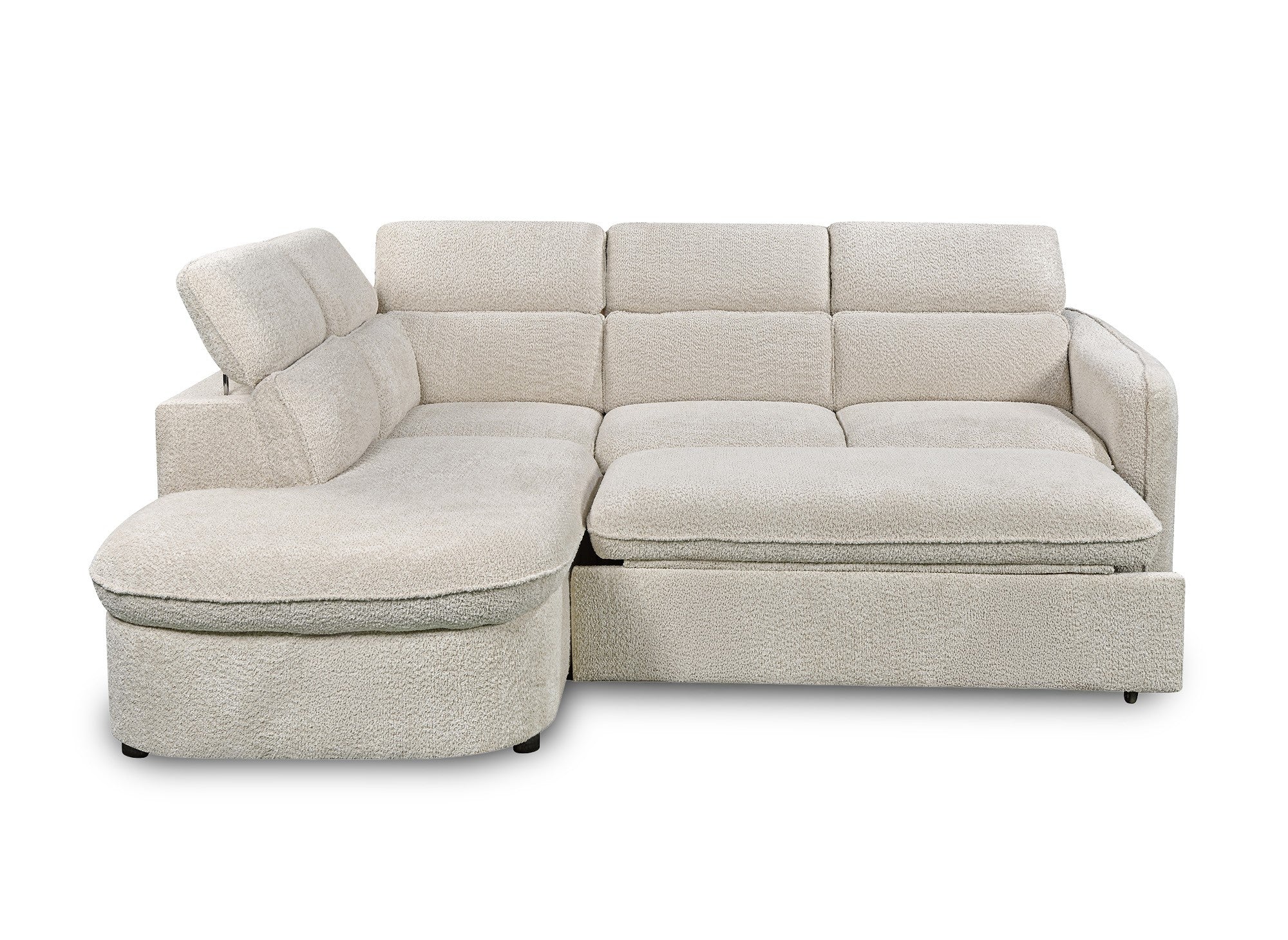 BAYA umwandelbares Ecksofa mit Aufbewahrungsbox aus ecrufarbenem Bouclé-Stoff – linke Ecke