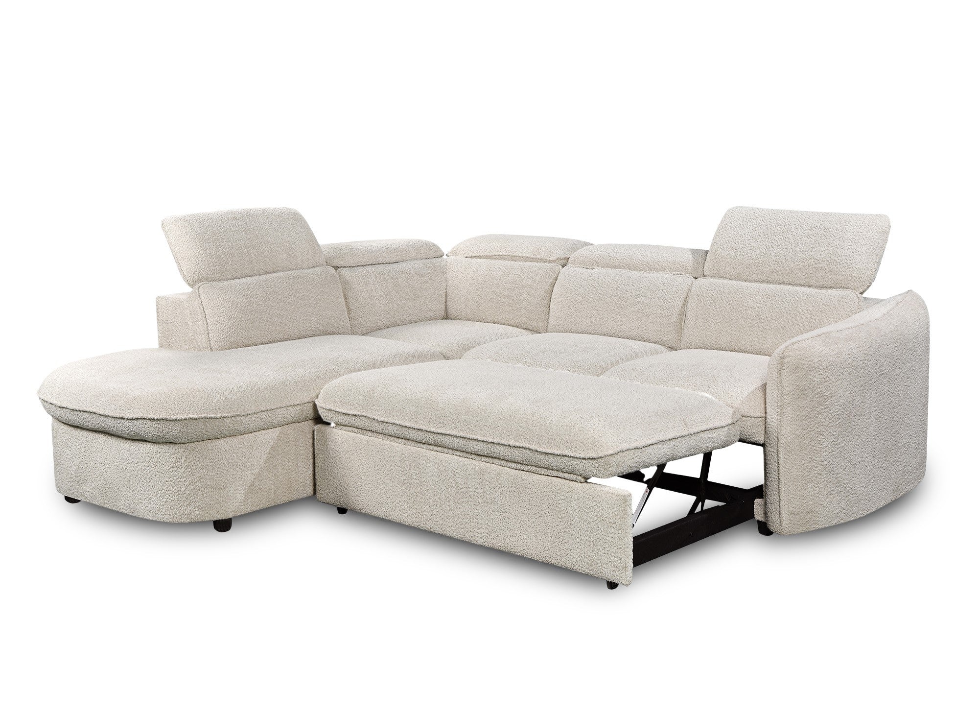 BAYA umwandelbares Ecksofa mit Aufbewahrungsbox aus ecrufarbenem Bouclé-Stoff – linke Ecke