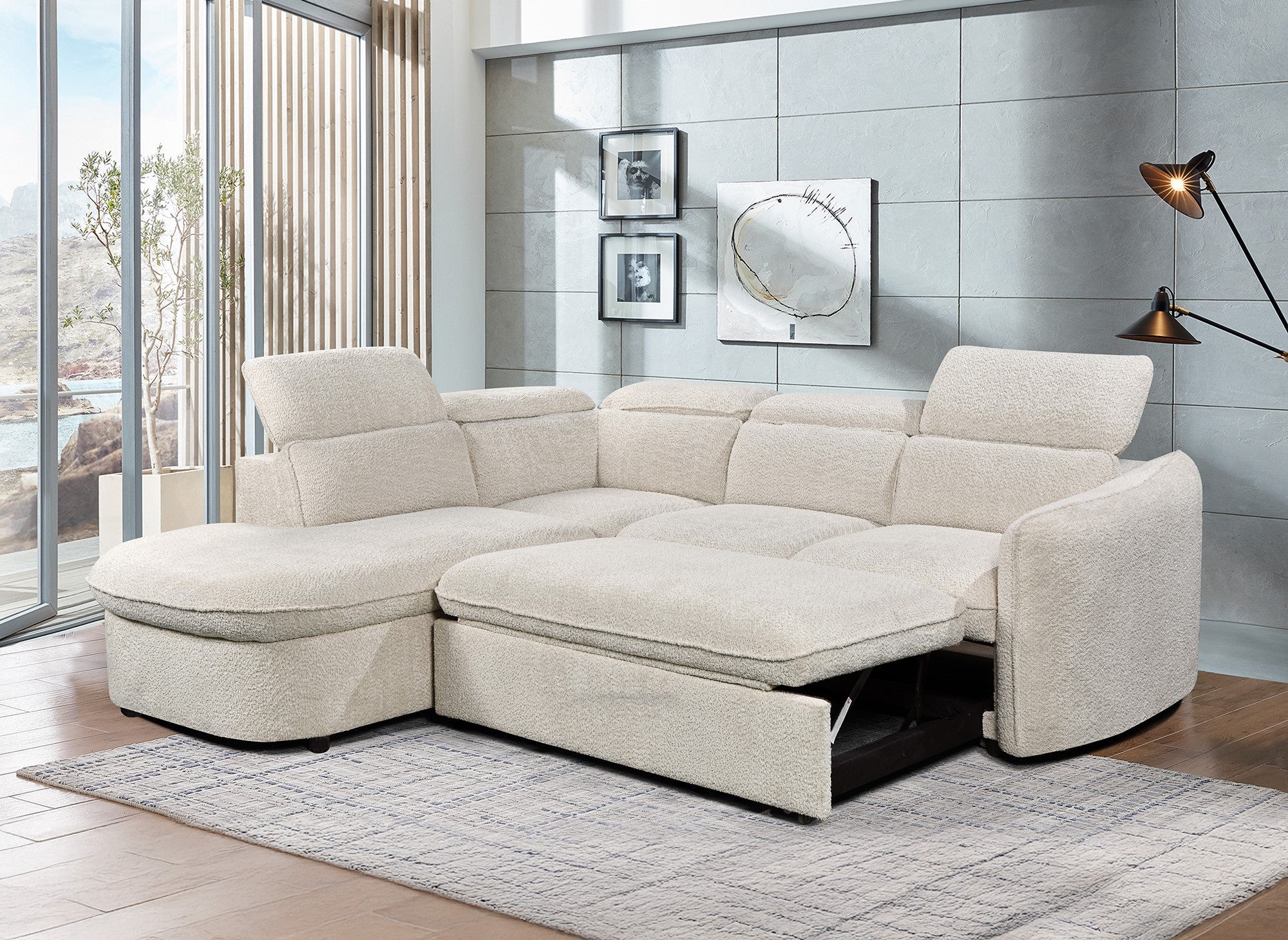 BAYA umwandelbares Ecksofa mit Aufbewahrungsbox aus ecrufarbenem Bouclé-Stoff – linke Ecke