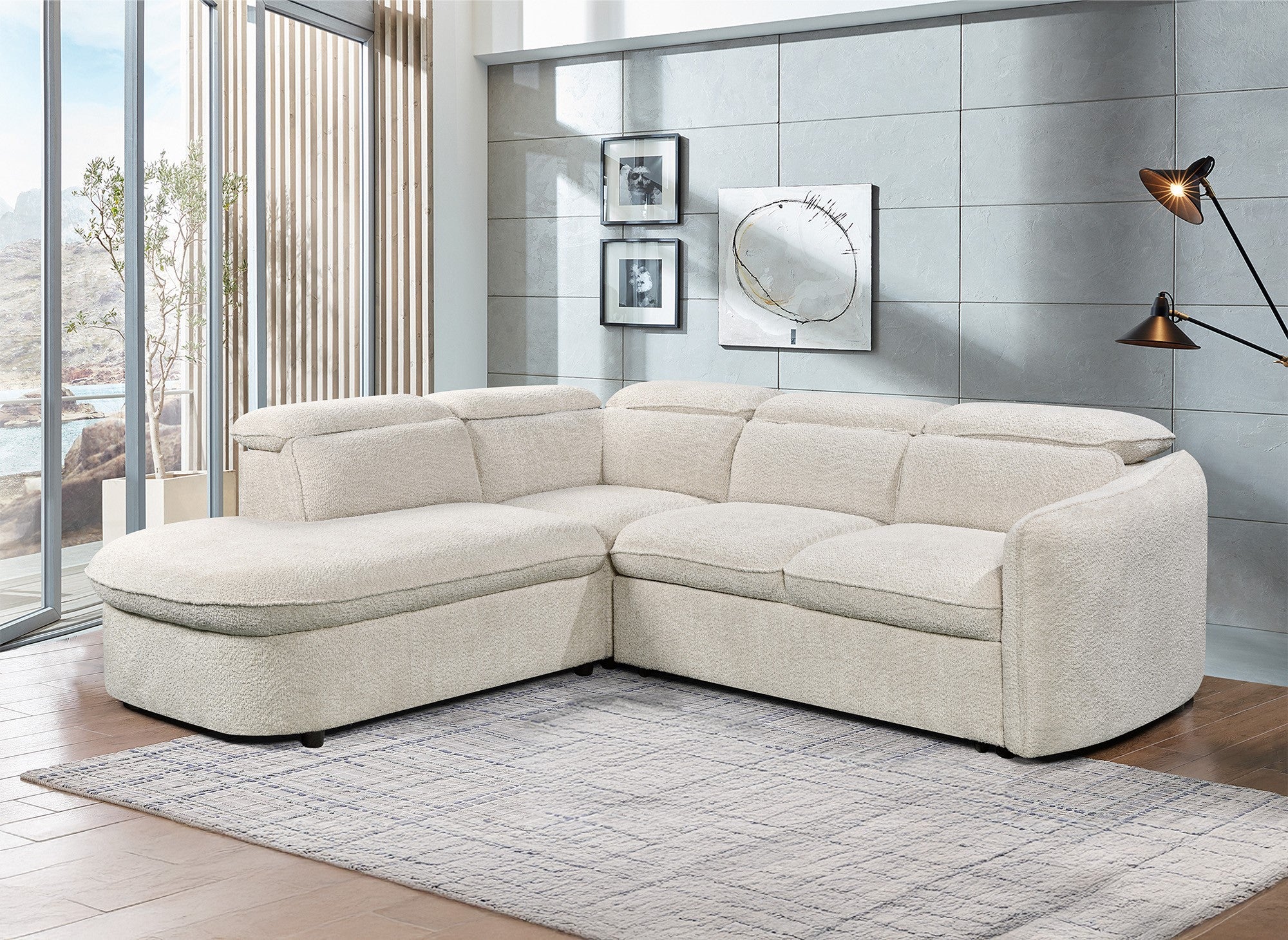 BAYA umwandelbares Ecksofa mit Aufbewahrungsbox aus ecrufarbenem Bouclé-Stoff – linke Ecke