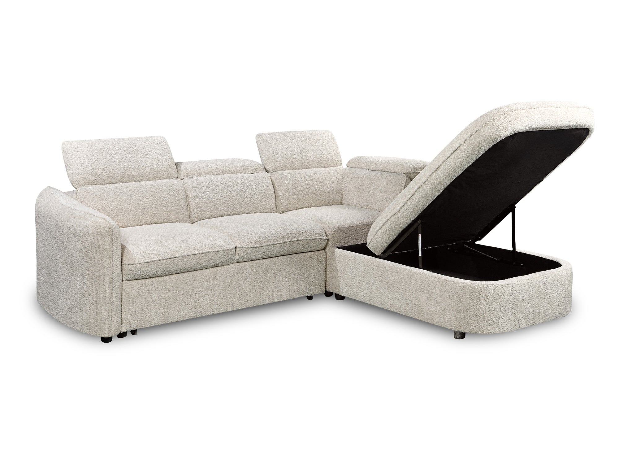 BAYA umwandelbares Ecksofa mit Aufbewahrungsbox aus ecrufarbenem Bouclé-Stoff - rechter Winkel