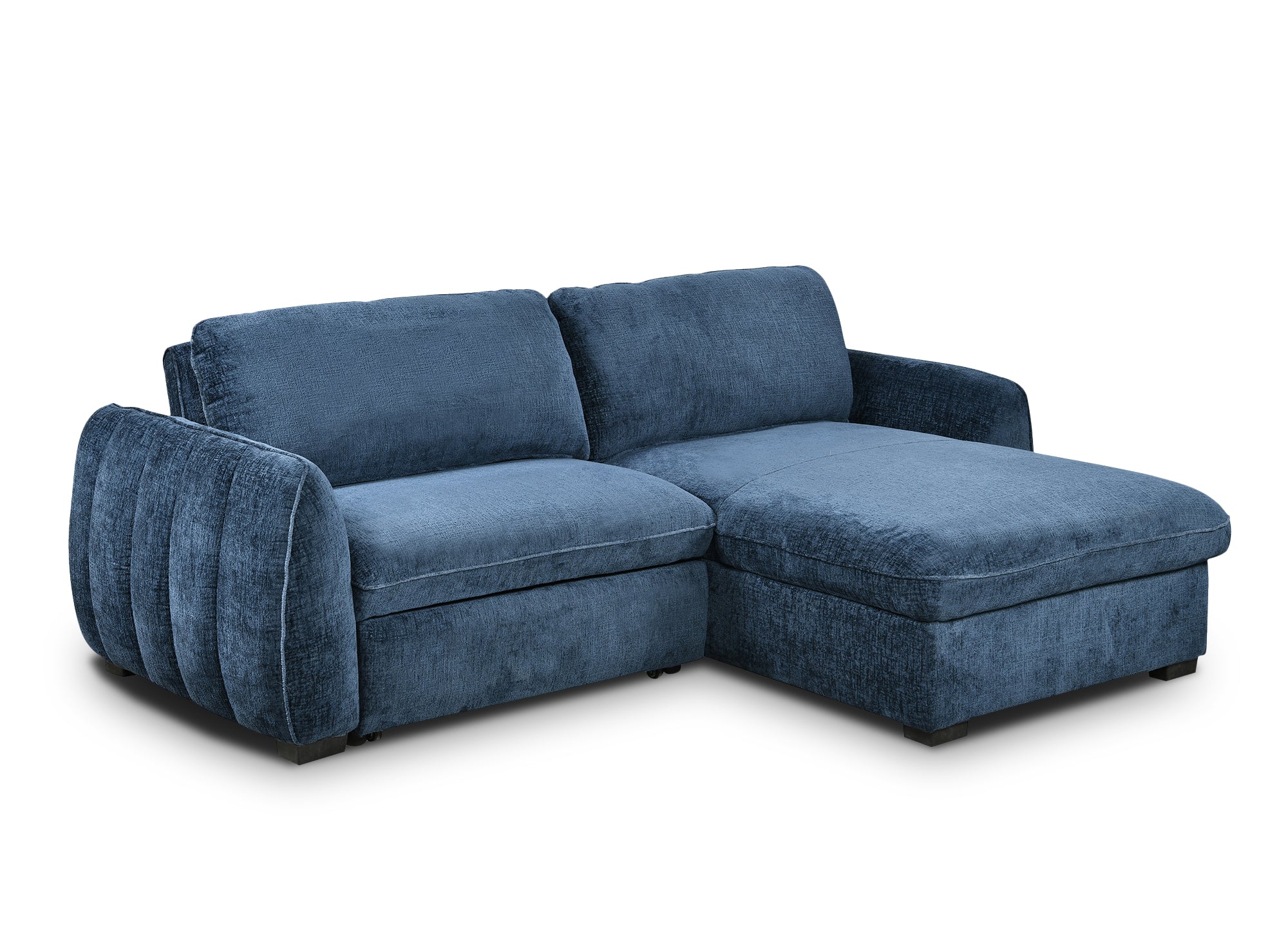 LIORA umwandelbares und wendbares Ecksofa mit Stauraum aus blau meliertem Samt