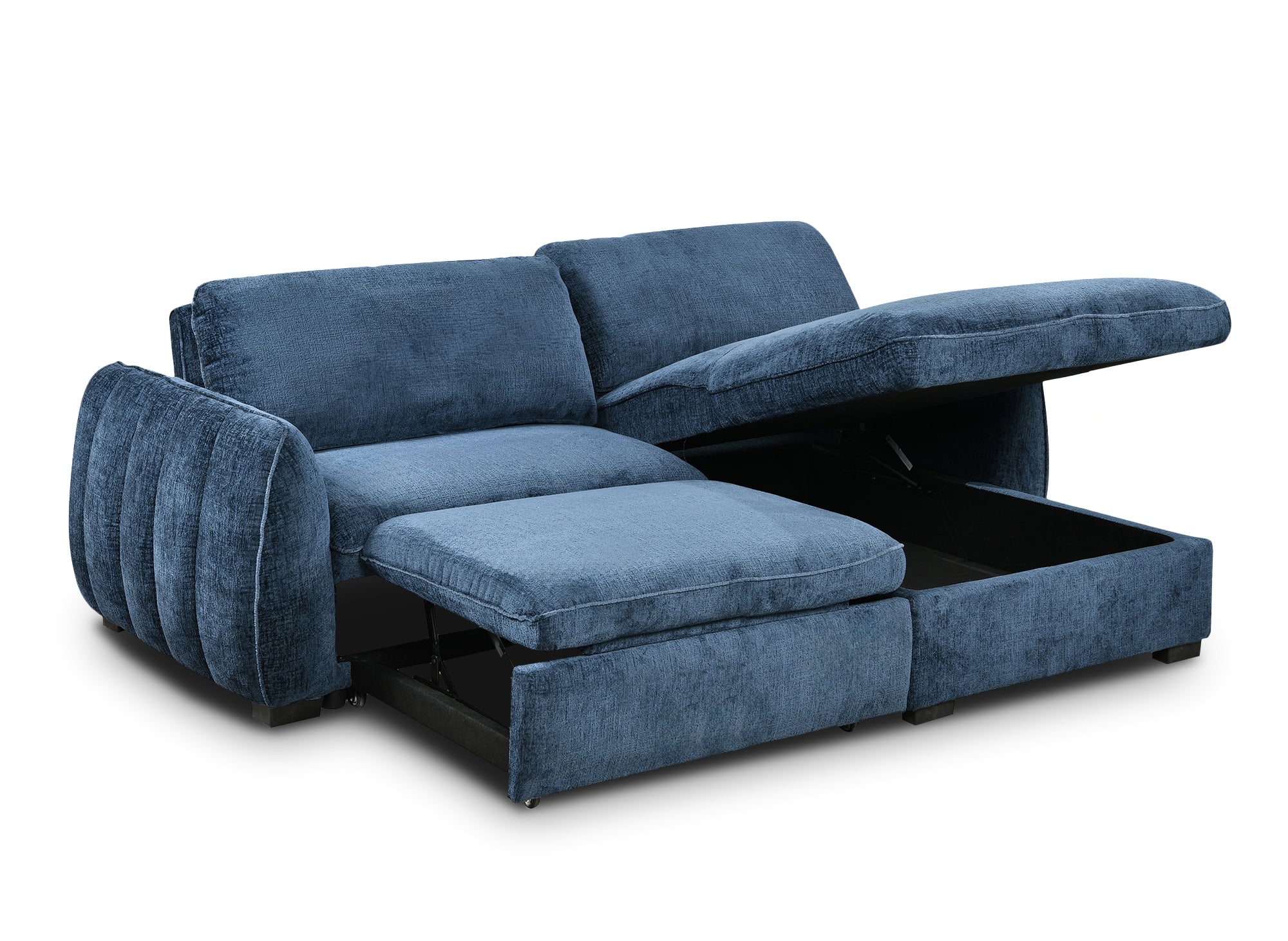 LIORA umwandelbares und wendbares Ecksofa mit Stauraum aus blau meliertem Samt