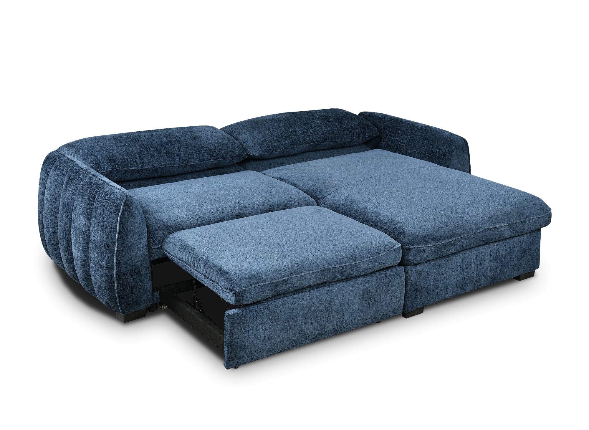 LIORA umwandelbares und wendbares Ecksofa mit Stauraum aus blau meliertem Samt