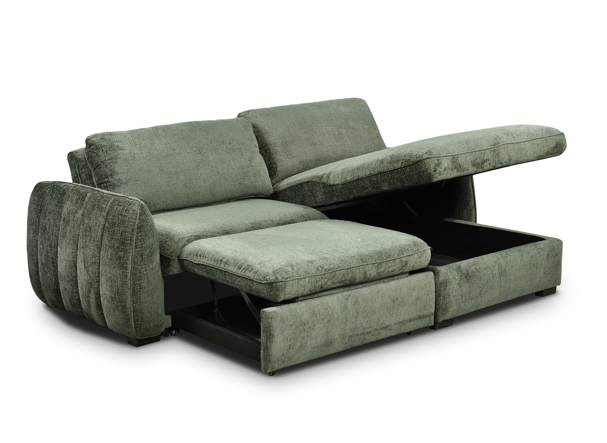 LIORA umwandelbares und wendbares Ecksofa mit Stauraum aus khakigrün meliertem Samt
