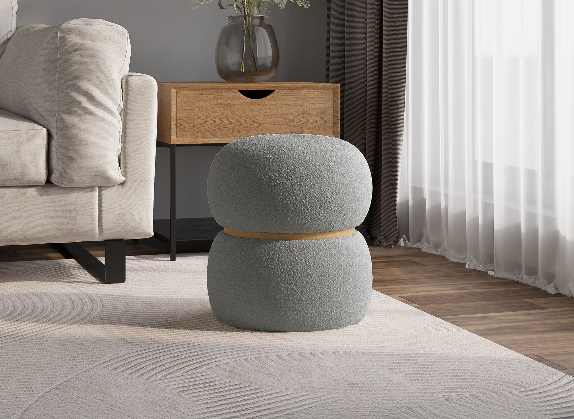 NESSY Designer-Pouf aus grauem Stoff mit Schaffell-Effekt