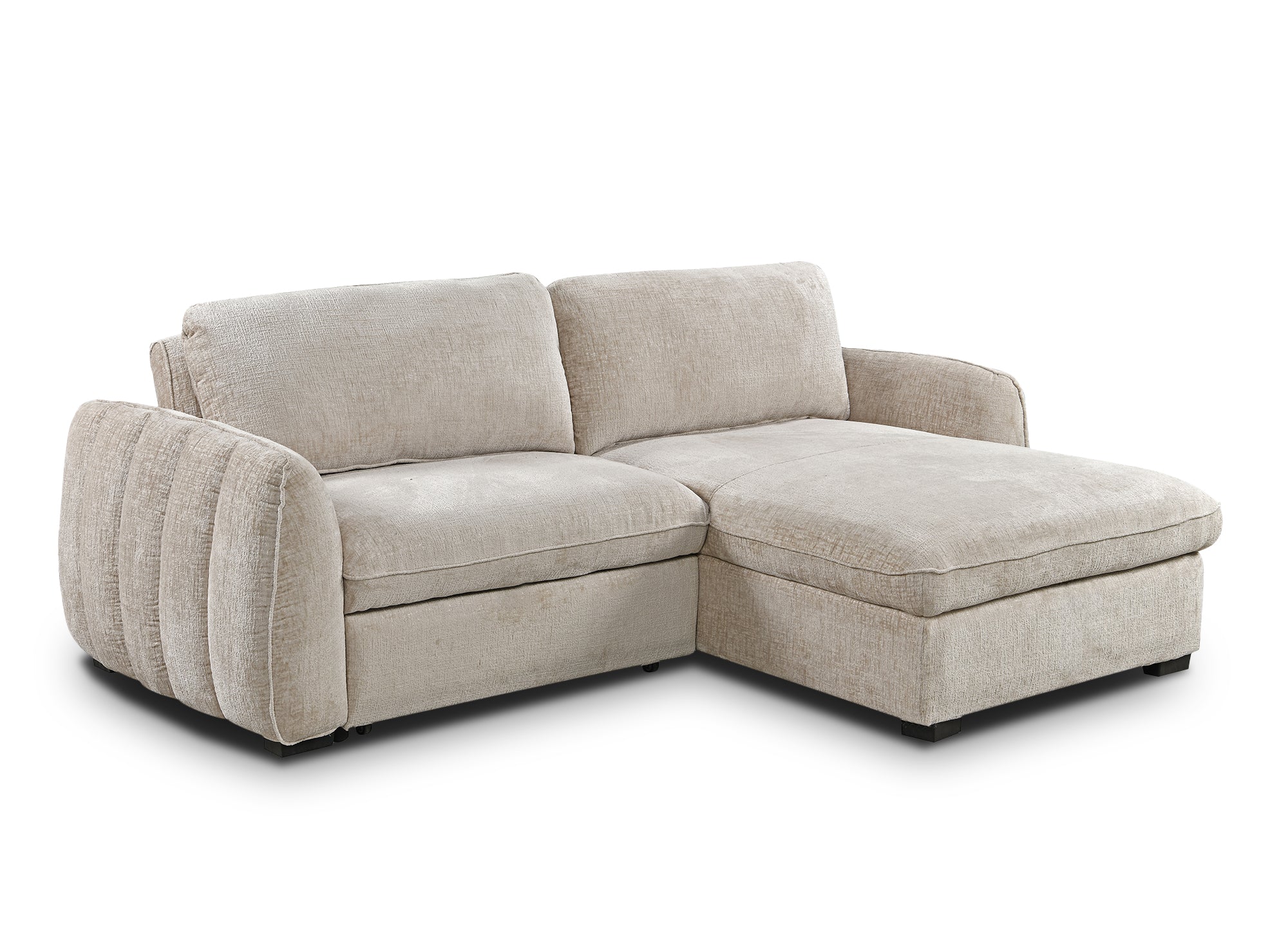 LIORA umwandelbares und wendbares Ecksofa mit Stauraum aus beige meliertem Samt