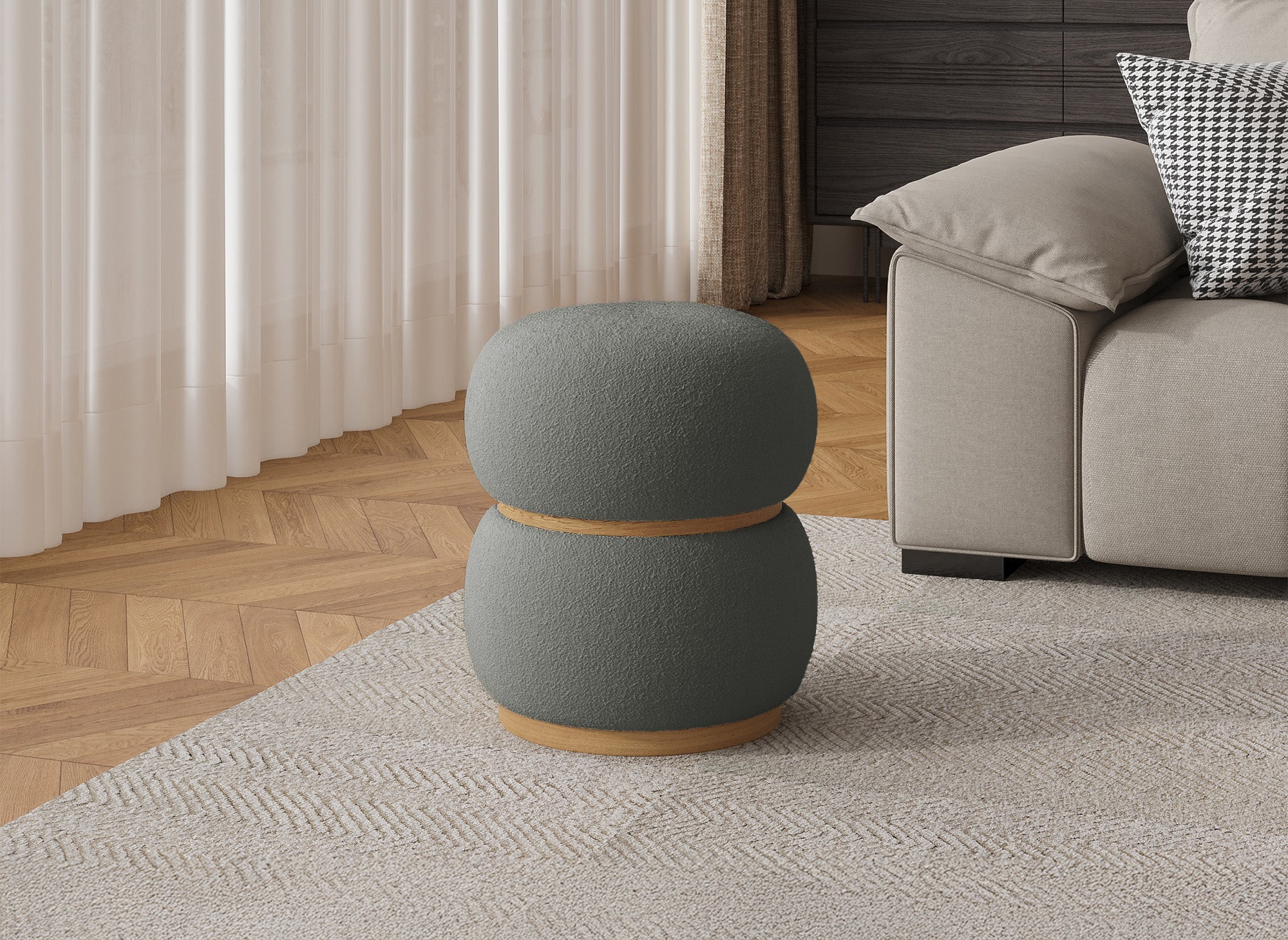SNOW Designer-Pouf aus grauem Stoff in Schaffelloptik und Holz