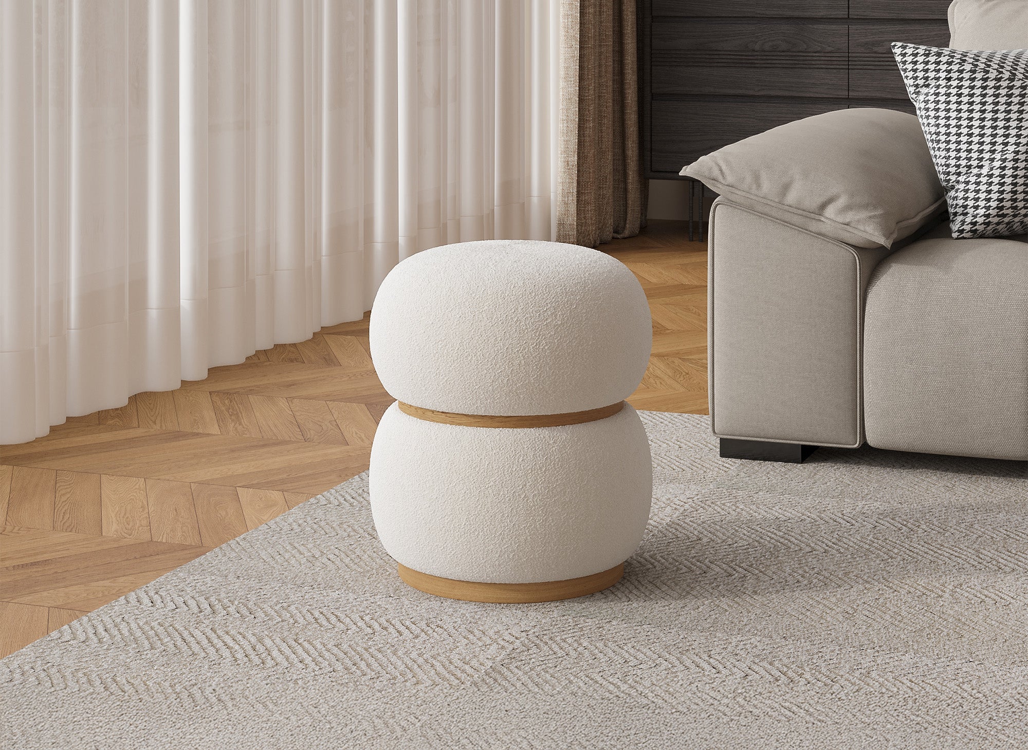 SNOW Designer-Pouf aus ecrufarbenem Stoff in Schaffelloptik und Holz