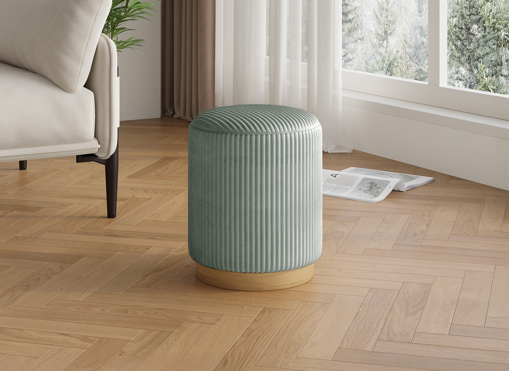 ROY Designer-Pouf aus wassergrünem Cord und Holz